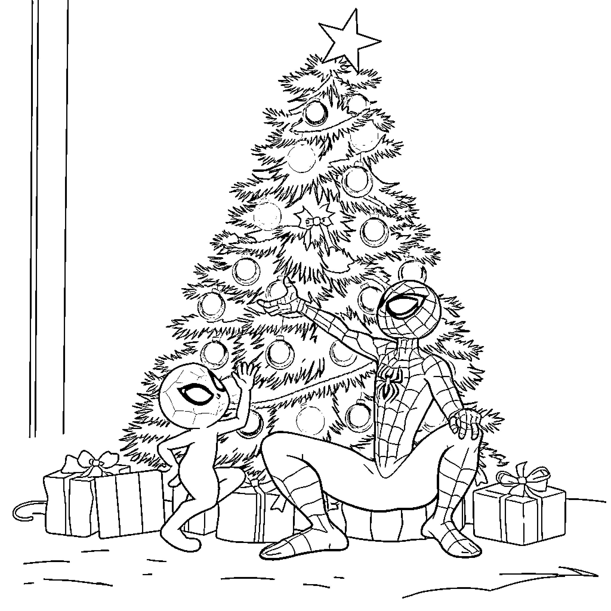 Spidey celebrating Christmas with Santa and friends Coloring Page (free black-and-white line drawing printable PDF for all, from beginners to advanced learners, including children, teens, adults, and seniors)