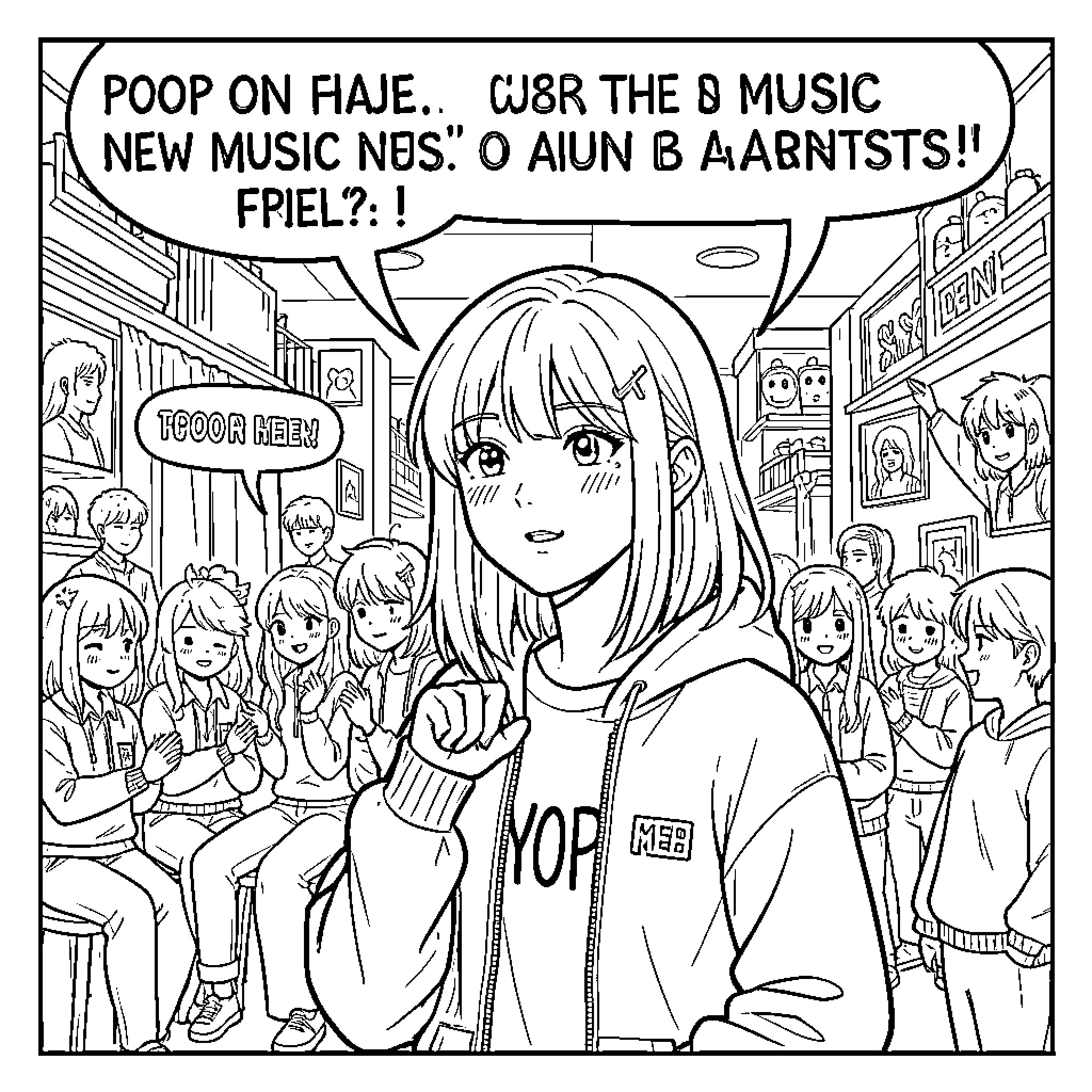 K-pop Hunter looking surprised amidst excited fans Coloring Page (free black-and-white line drawing printable PDF for all, from beginners to advanced learners, including children, teens, adults, and seniors)