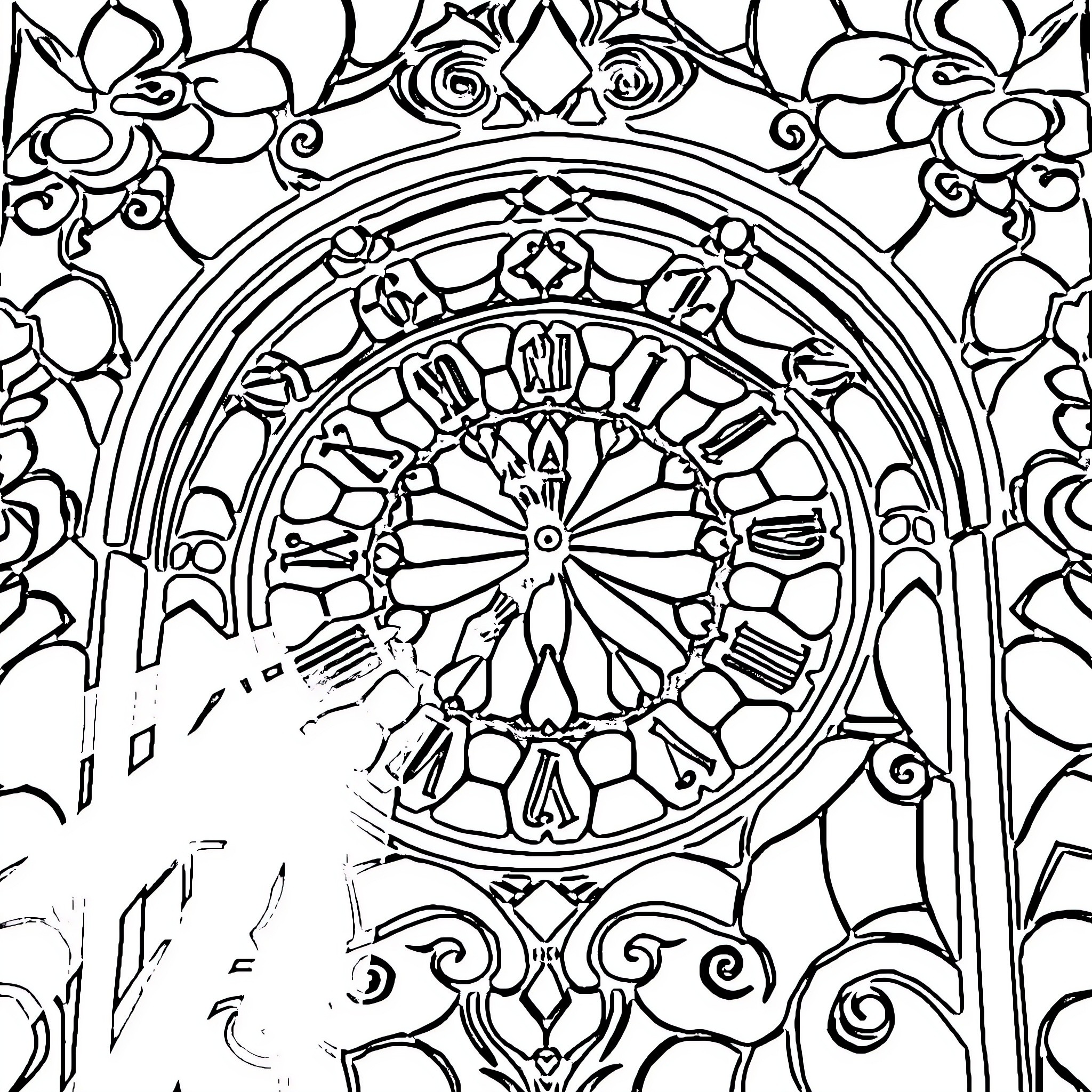 Clock with intricate floral designs Coloring Page (free black-and-white line drawing printable PDF for all, from beginners to advanced learners, including children, teens, adults, and seniors)