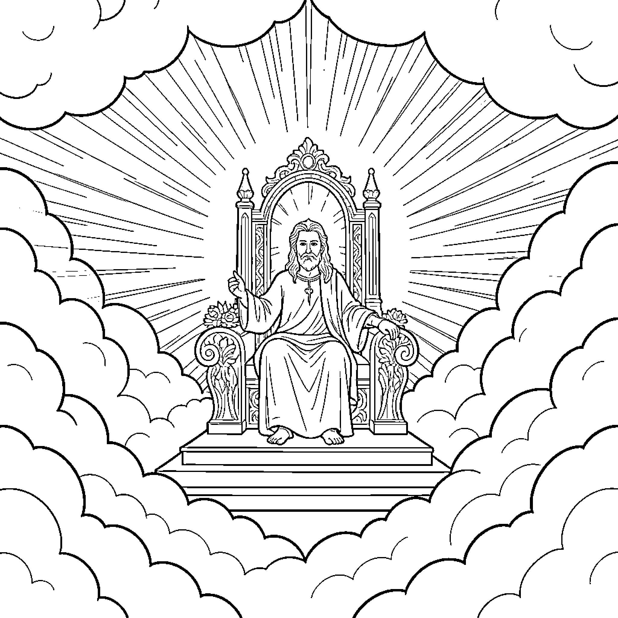 Throne scene featuring a divine figure among clouds Coloring Page (free black-and-white line drawing printable PDF for all, from beginners to advanced learners, including children, teens, adults, and seniors)