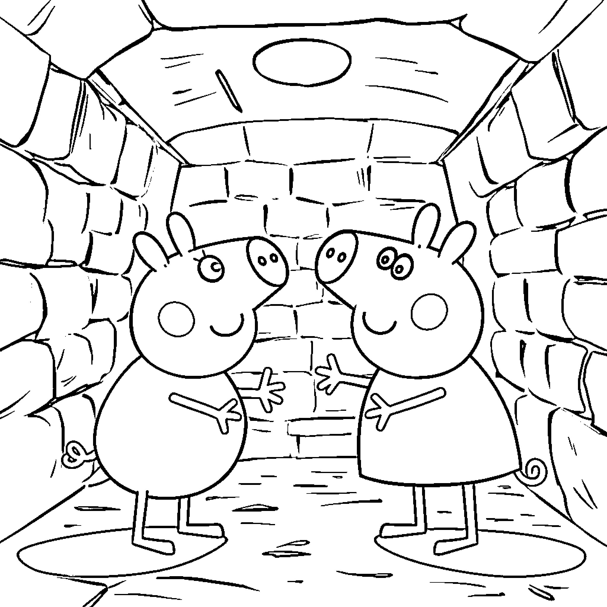 Peppa Pig and Friends in a Cozy Hideaway Coloring Page (free black-and-white line drawing printable PDF for all, from beginners to advanced learners, including children, teens, adults, and seniors)