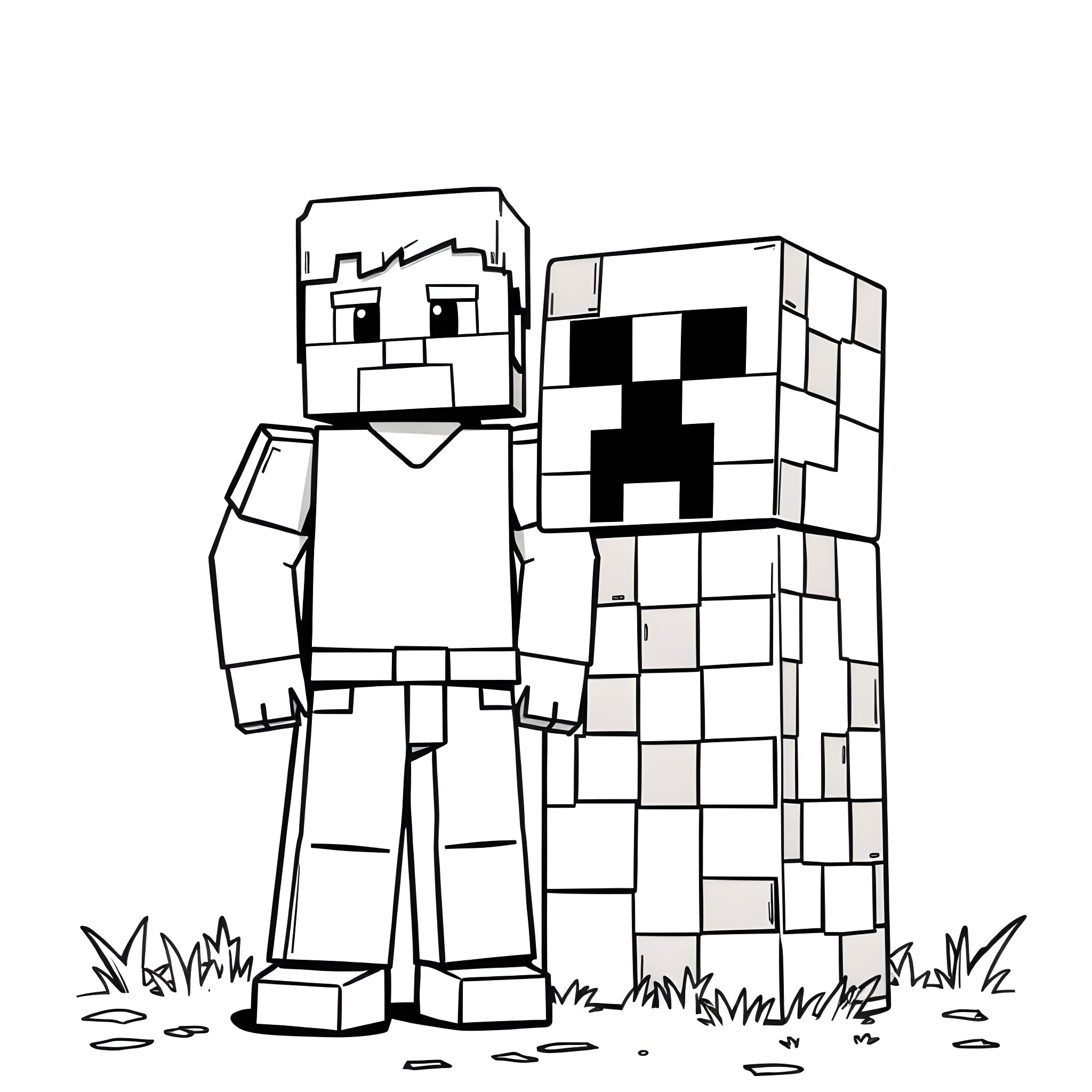 Creeper and Minecraft character in nature Coloring Page (free black-and-white line drawing printable PDF for all, from beginners to advanced learners, including children, teens, adults, and seniors)