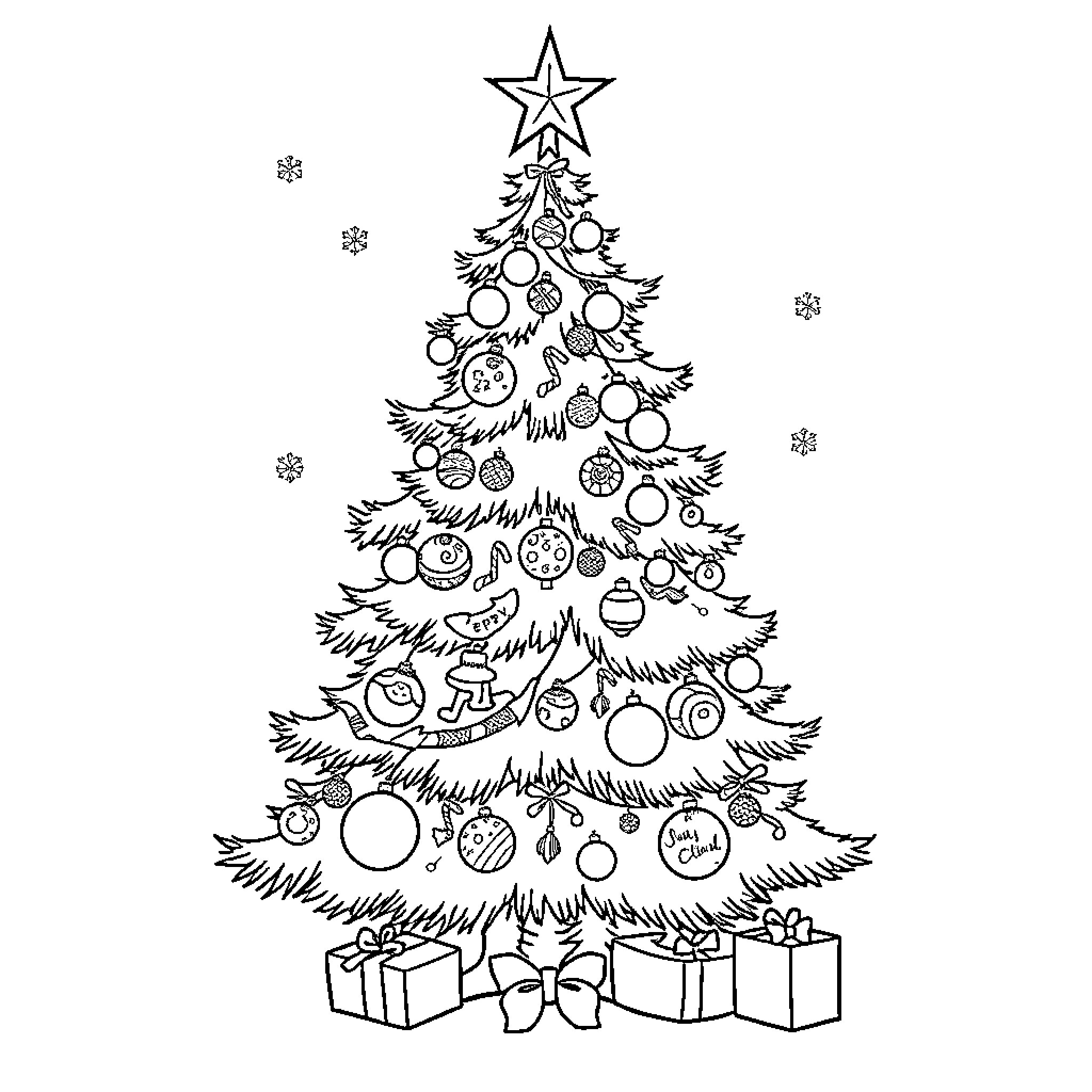 Christmas Tree with Ornaments and Presents Coloring Page (free black-and-white line drawing printable PDF for all, from beginners to advanced learners, including children, teens, adults, and seniors)