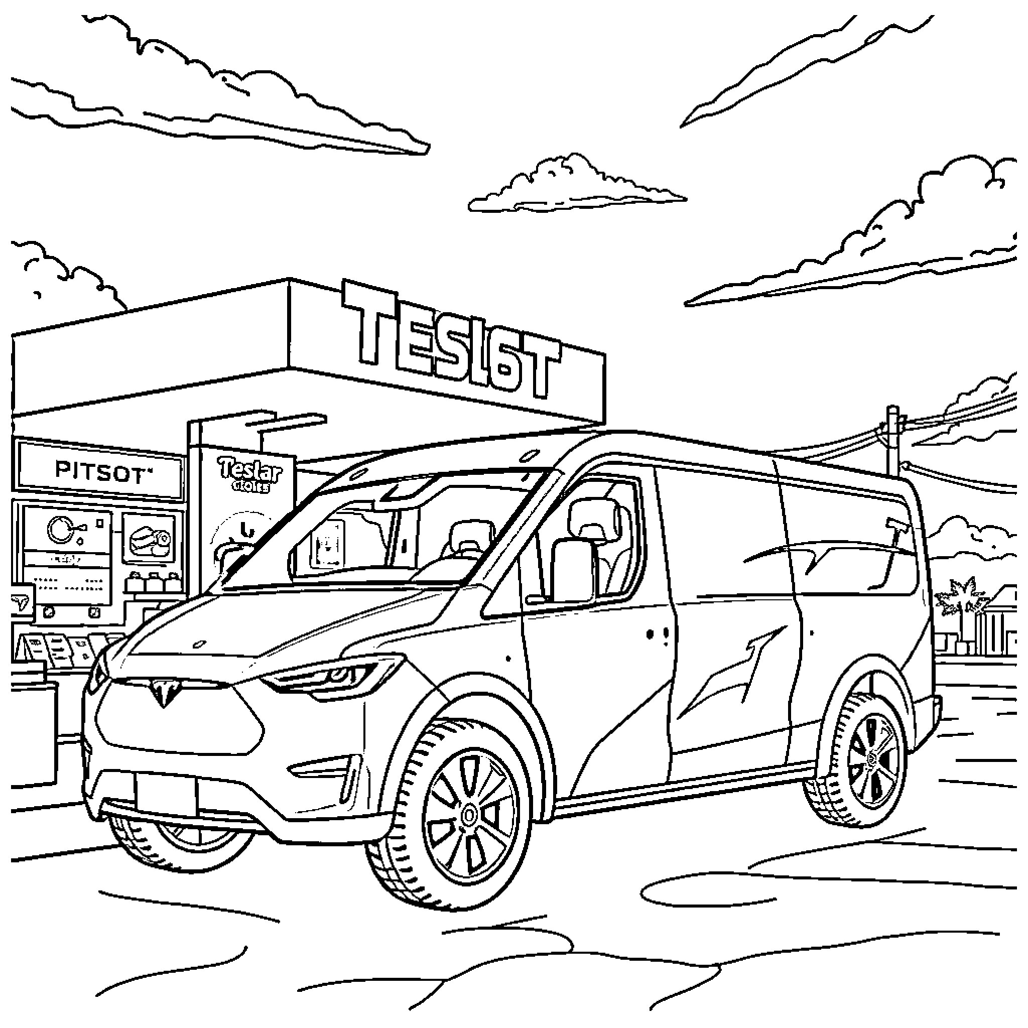 Tesla electric van parked at charging station Coloring Page (free black-and-white line drawing printable PDF for all, from beginners to advanced learners, including children, teens, adults, and seniors)