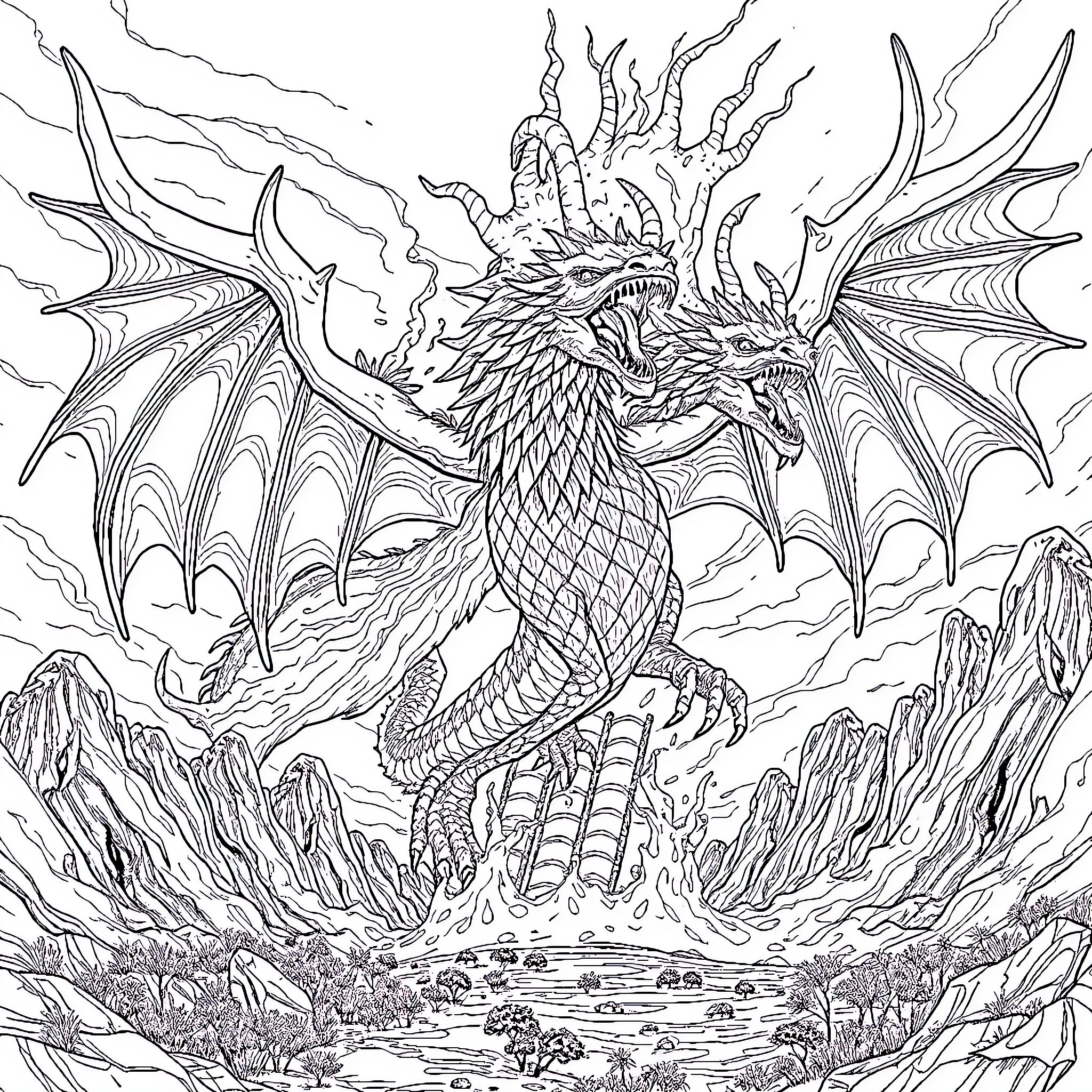 Gleeok the Majestic Dragon Soaring Over a Breathtaking Landscape Coloring Page (free black-and-white line drawing printable PDF for all, from beginners to advanced learners, including children, teens, adults, and seniors)