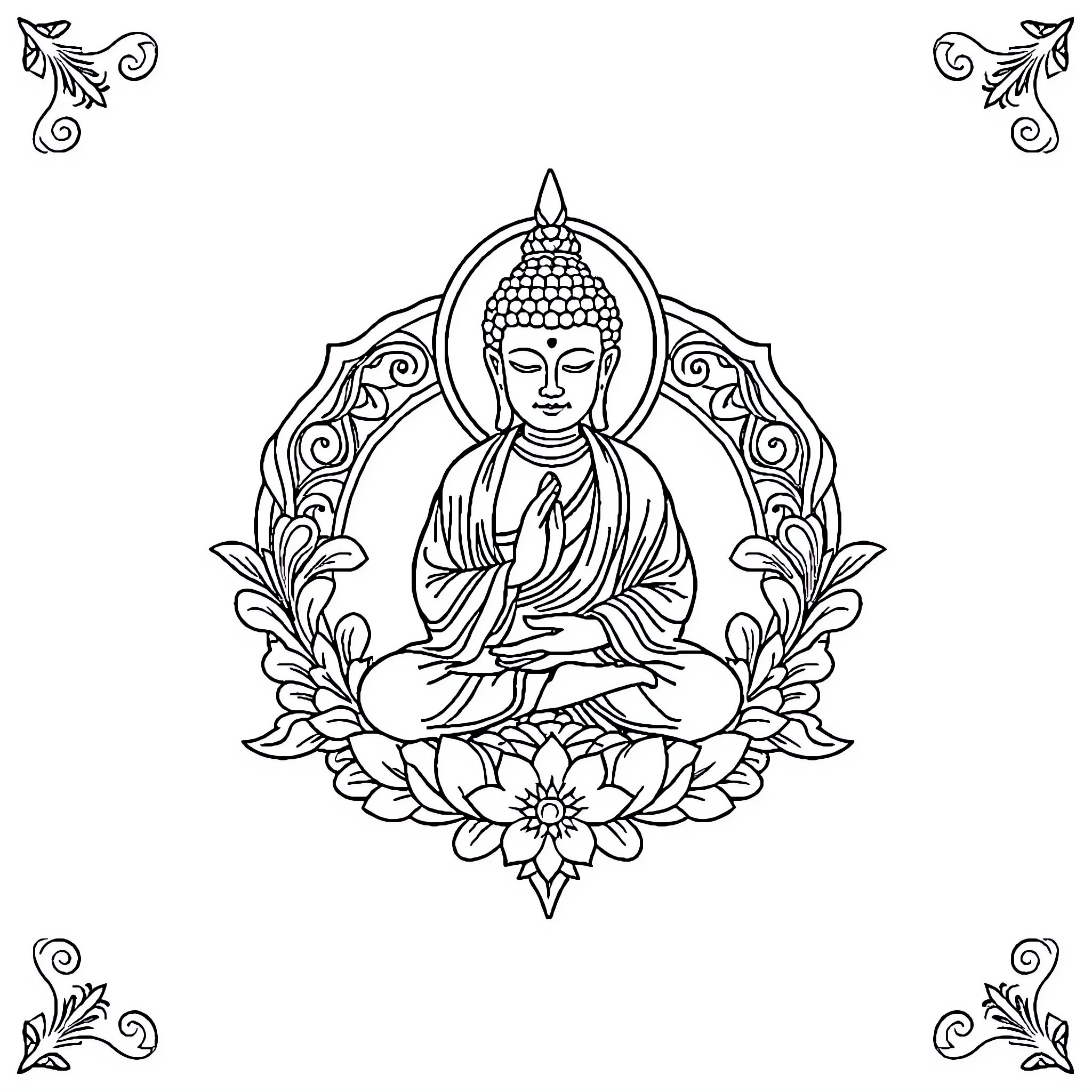 Buddha in peaceful meditation pose Coloring Page (free black-and-white line drawing printable PDF for all, from beginners to advanced learners, including children, teens, adults, and seniors)