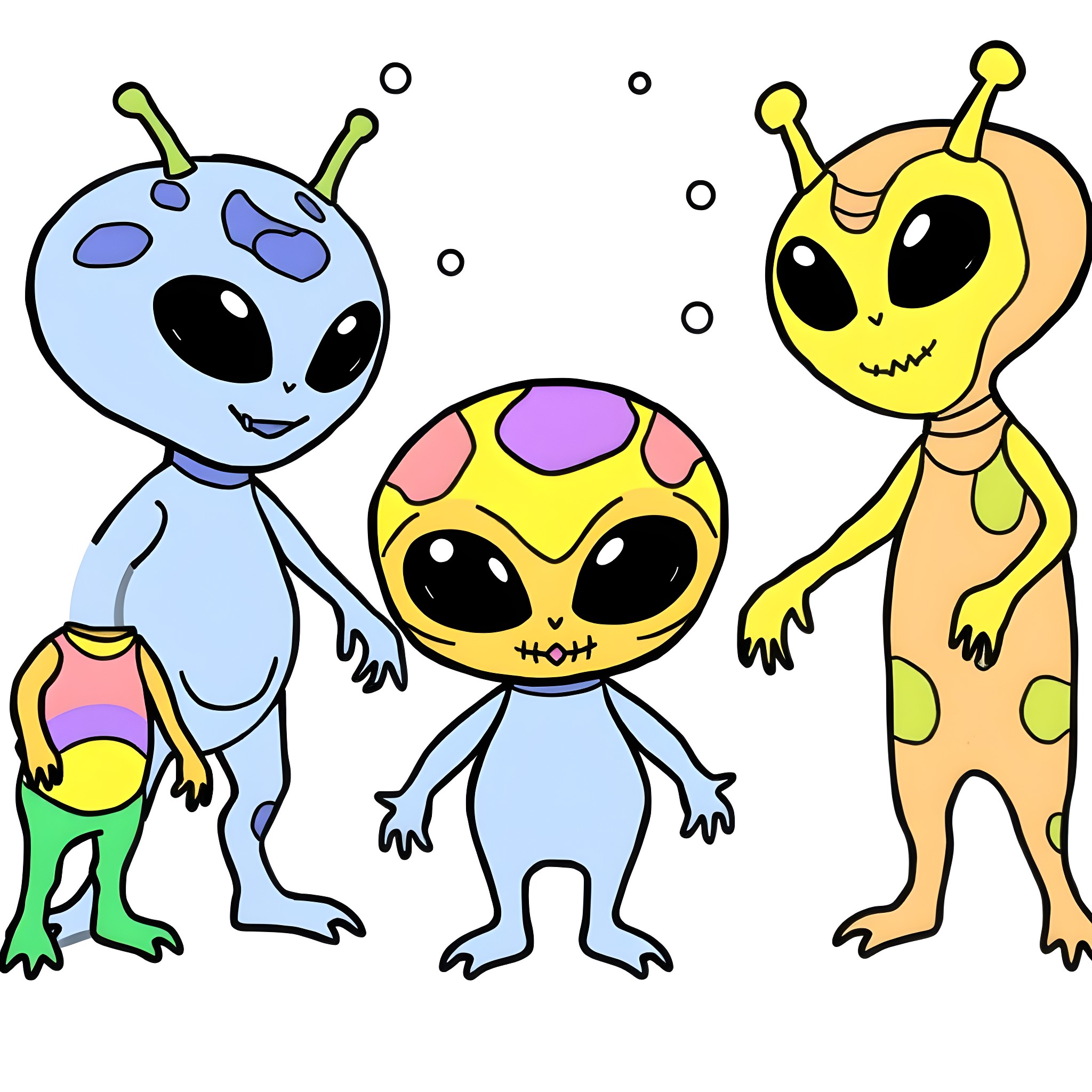 Alien creatures in a playful and friendly interaction Coloring Page (free black-and-white line drawing printable PDF for all, from beginners to advanced learners, including children, teens, adults, and seniors)