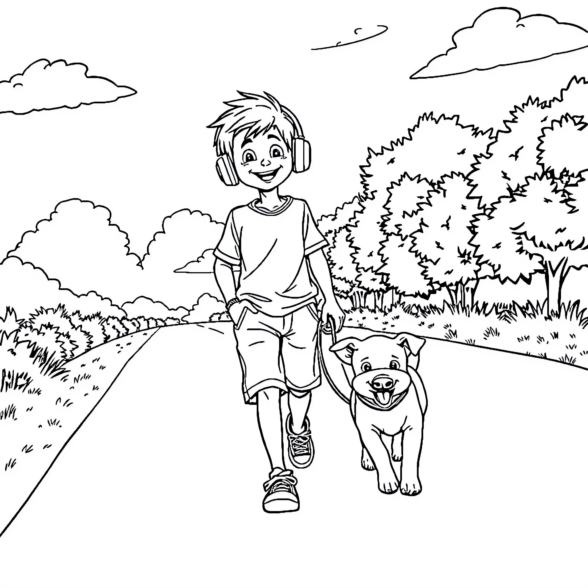 Boy and his happy dog explore the outdoors Coloring Page (free black-and-white line drawing printable PDF for all, from beginners to advanced learners, including children, teens, adults, and seniors)