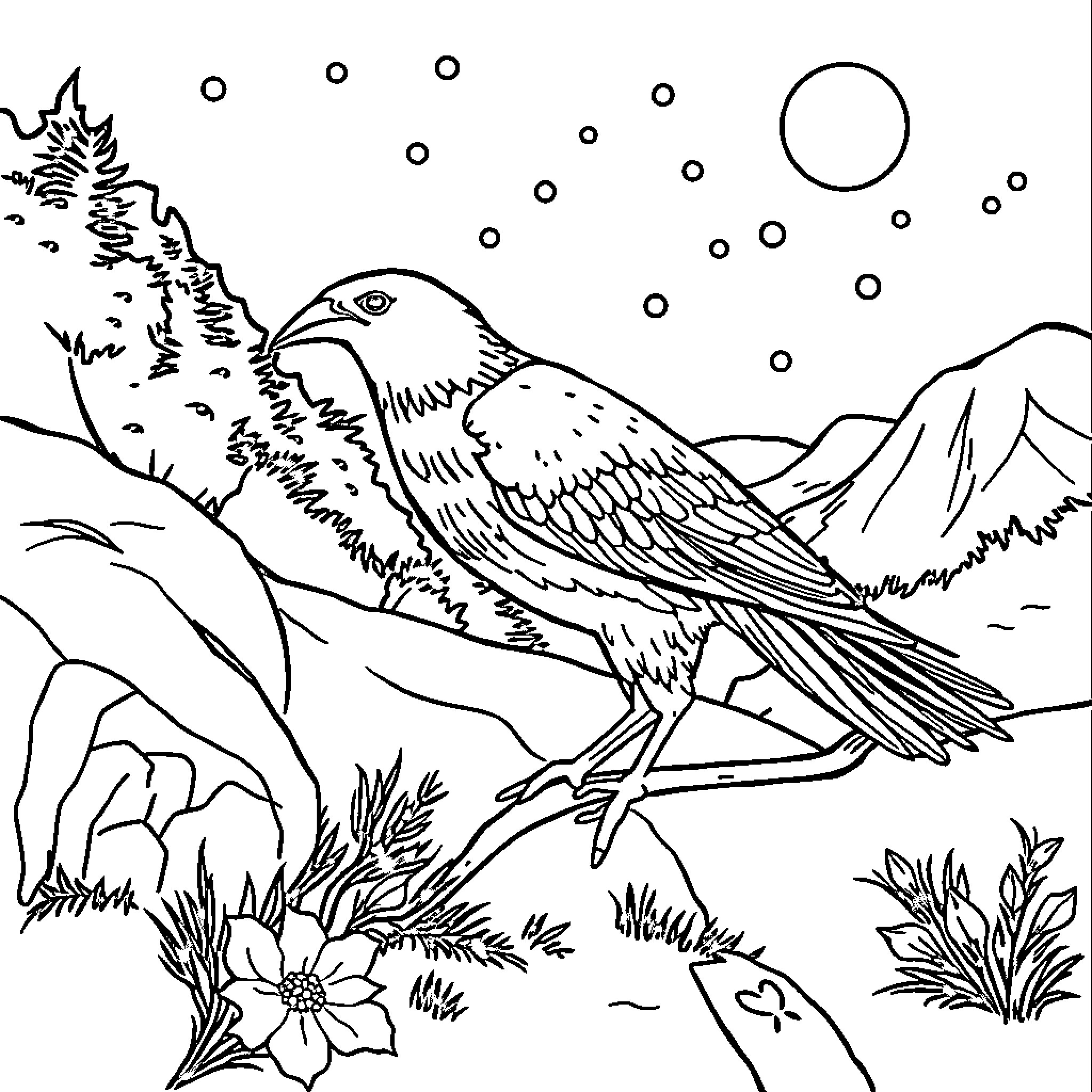 Hippopotamus resting peacefully in snowy landscape Coloring Page (free black-and-white line drawing printable PDF for all, from beginners to advanced learners, including children, teens, adults, and seniors)