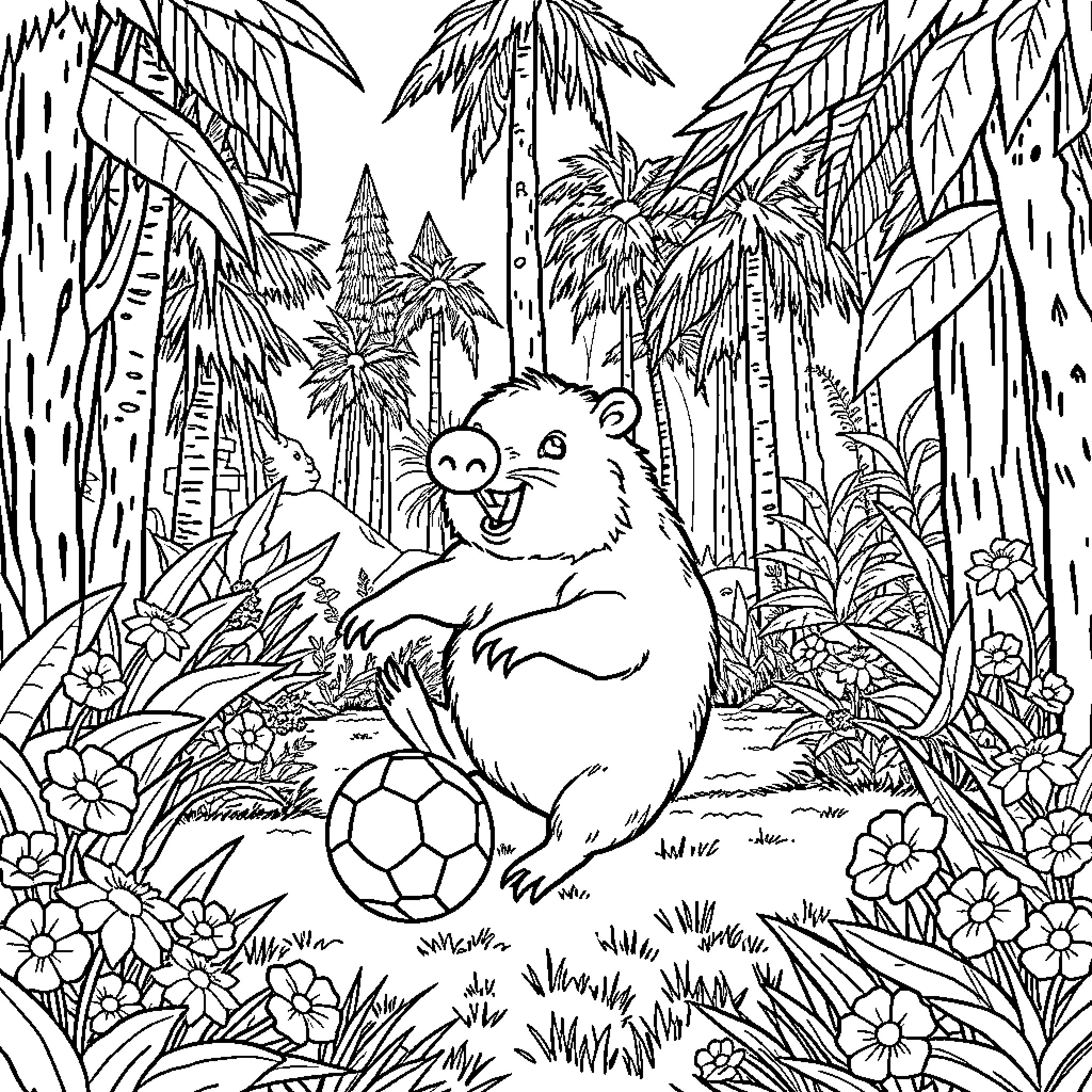 Capybara playing joyfully in a lush tropical jungle Coloring Page (free black-and-white line drawing printable PDF for all, from beginners to advanced learners, including children, teens, adults, and seniors)