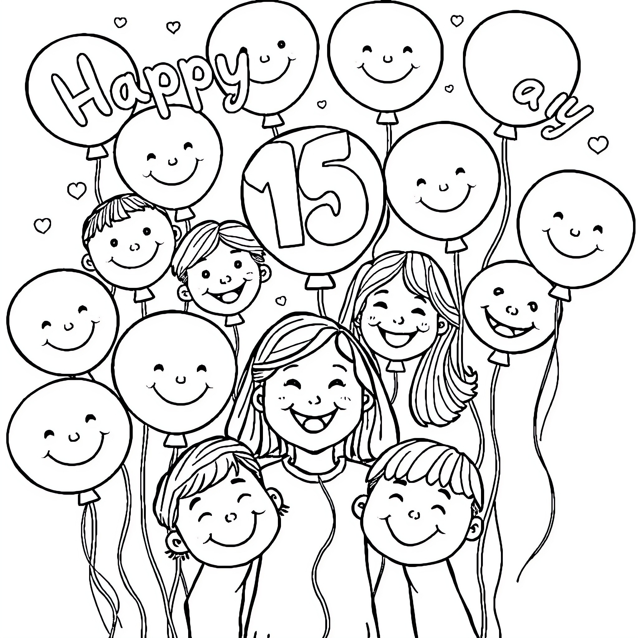 Birthday celebration with joyful balloons and smiling faces Coloring Page (free black-and-white line drawing printable PDF for all, from beginners to advanced learners, including children, teens, adults, and seniors)
