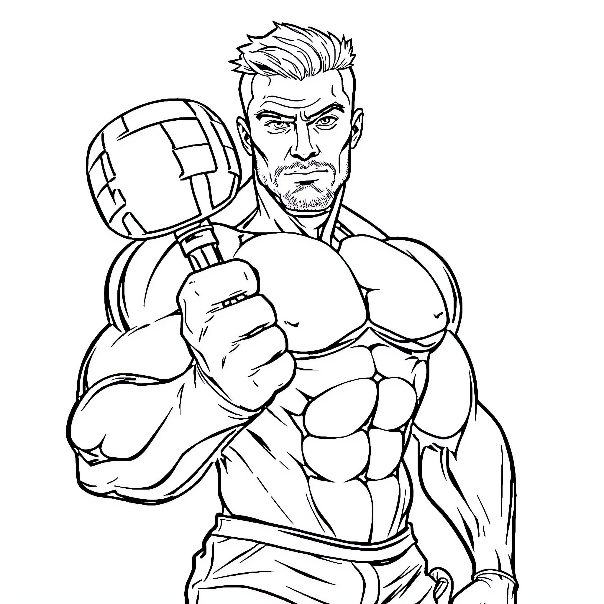Man in intense fighting stance holding a helmet Coloring Page (free black-and-white line drawing printable PDF for all, from beginners to advanced learners, including children, teens, adults, and seniors)