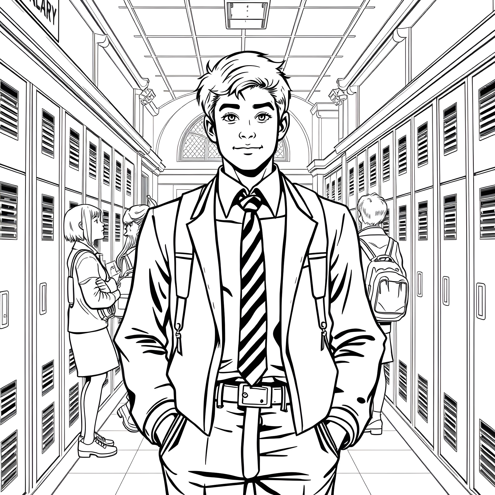 Jimmy Hopkins' first day at Bullworth Academy Coloring Page (free black-and-white line drawing printable PDF for all, from beginners to advanced learners, including children, teens, adults, and seniors)