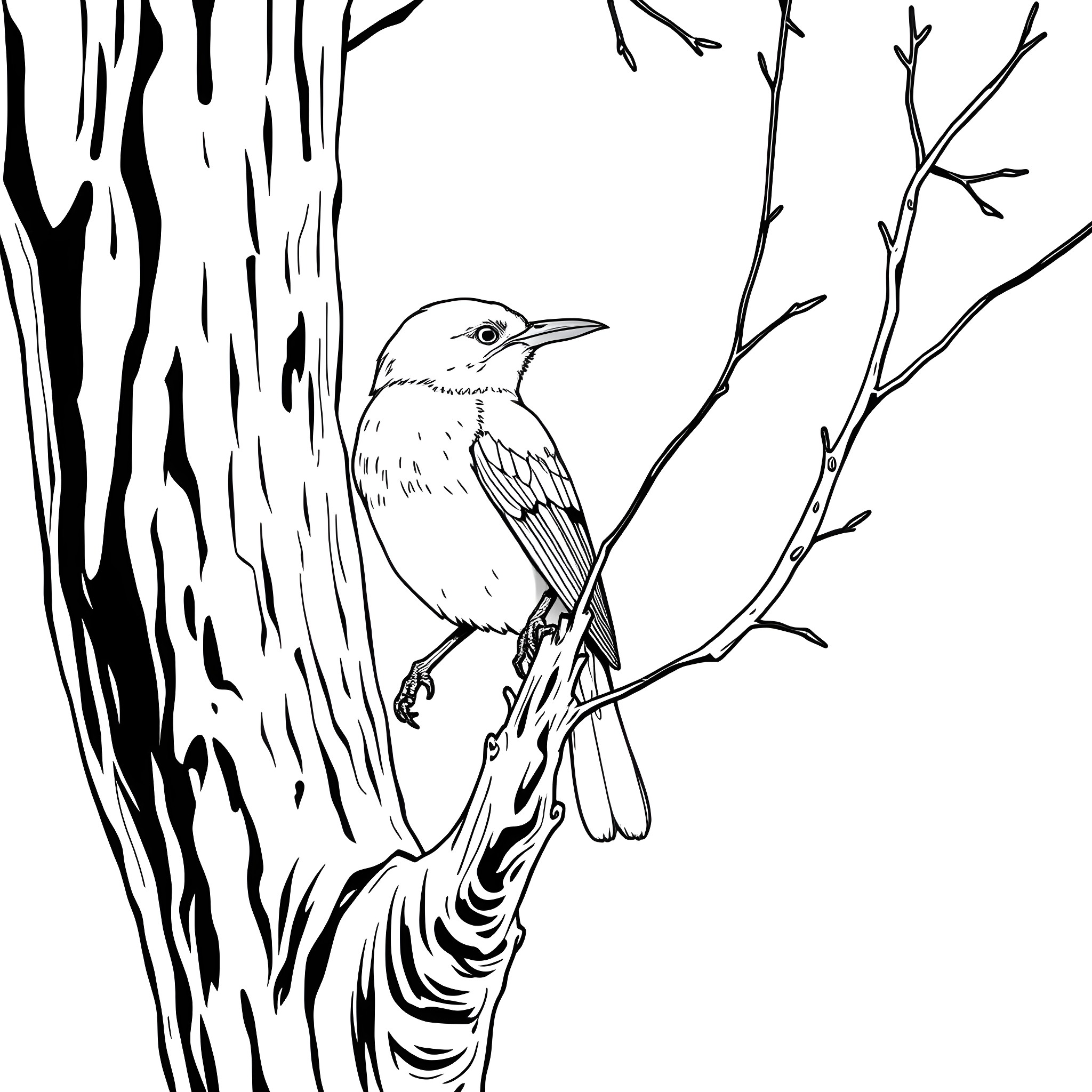 Honeycreeper perched on a tree branch Coloring Page (free black-and-white line drawing printable PDF for all, from beginners to advanced learners, including children, teens, adults, and seniors)