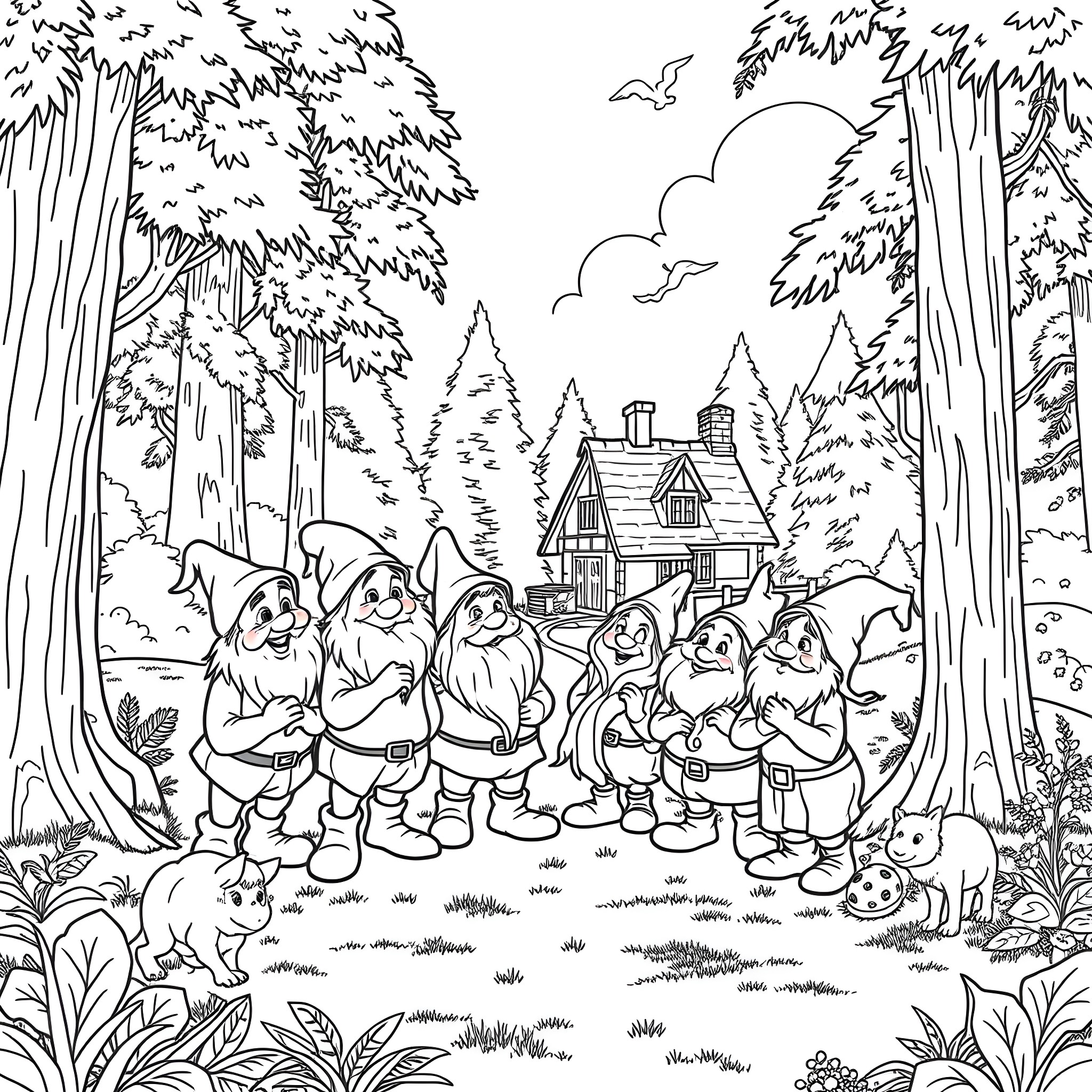Dwarf family exploring the enchanted forest Coloring Page (free black-and-white line drawing printable PDF for all, from beginners to advanced learners, including children, teens, adults, and seniors)