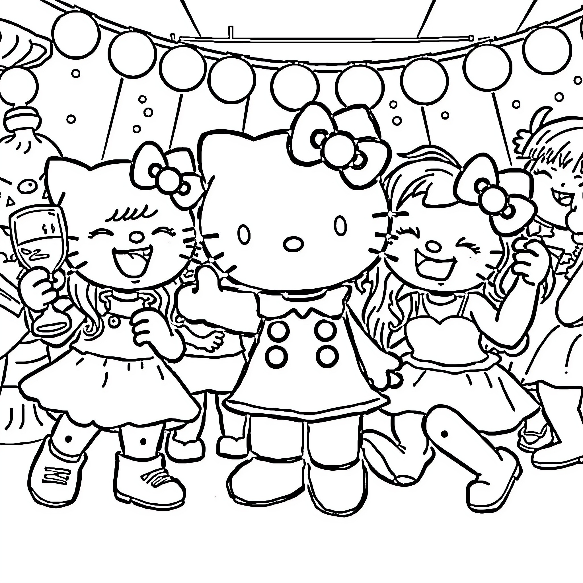 Hello Kitty Celebrates with Friends Coloring Page (free black-and-white line drawing printable PDF for all, from beginners to advanced learners, including children, teens, adults, and seniors)