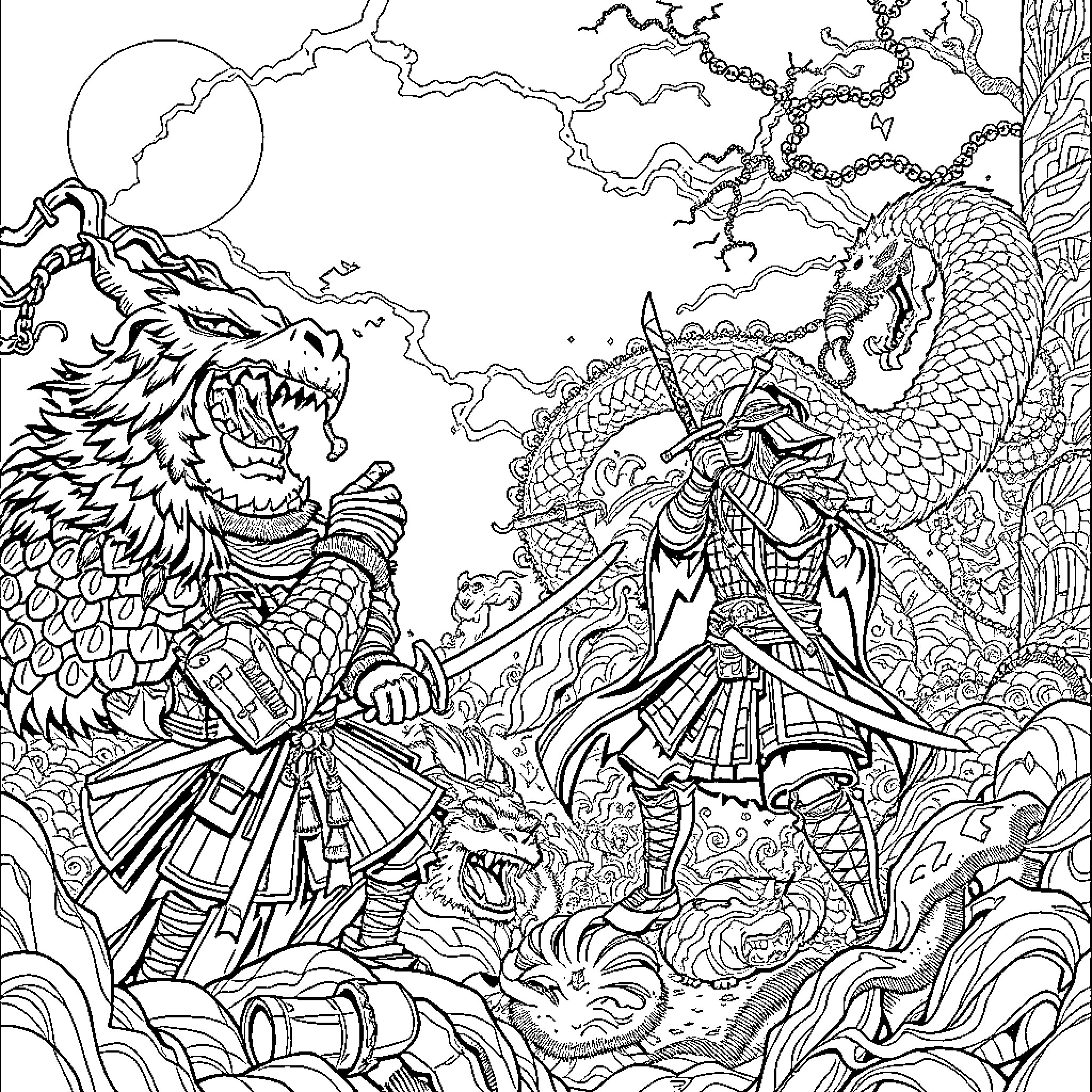 Japanese Lord of the Rings: Epic Samurai Battles with Mythical Creatures Coloring Page (free black-and-white line drawing printable PDF for all, from beginners to advanced learners, including children, teens, adults, and seniors)