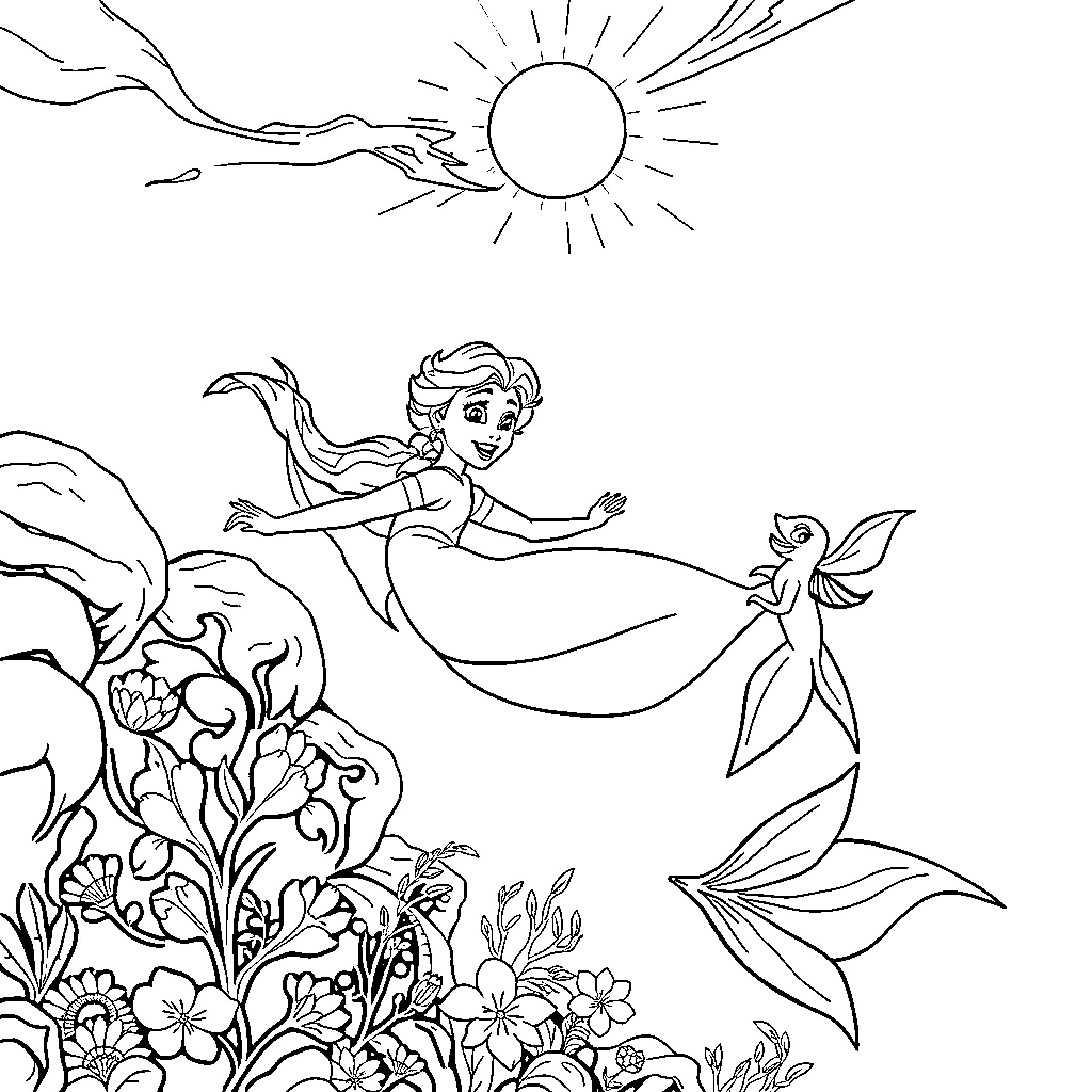 Elsa and the Underwater Floral Adventure Coloring Page (free black-and-white line drawing printable PDF for all, from beginners to advanced learners, including children, teens, adults, and seniors)