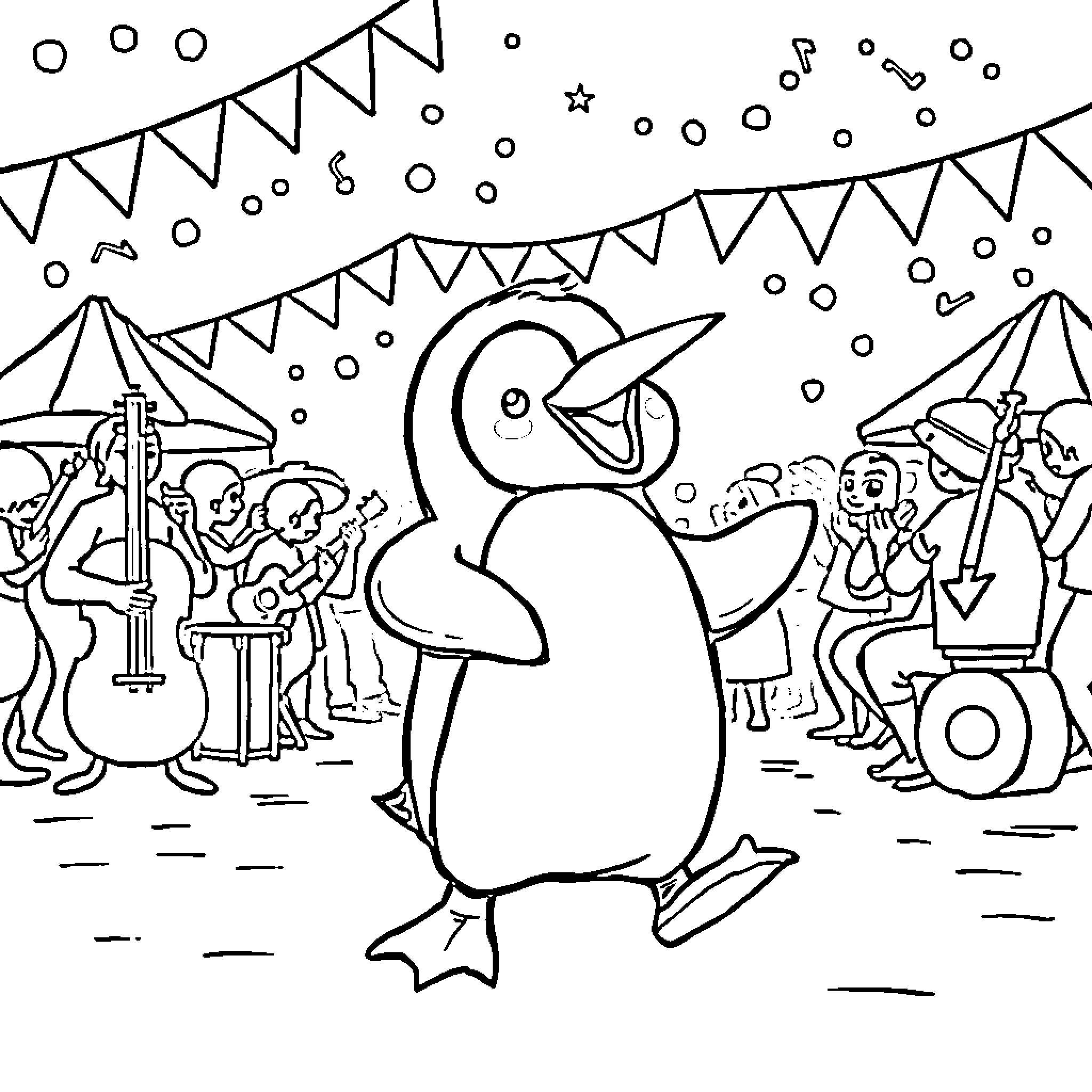 Penguin dancing at a festive celebration Coloring Page (free black-and-white line drawing printable PDF for all, from beginners to advanced learners, including children, teens, adults, and seniors)