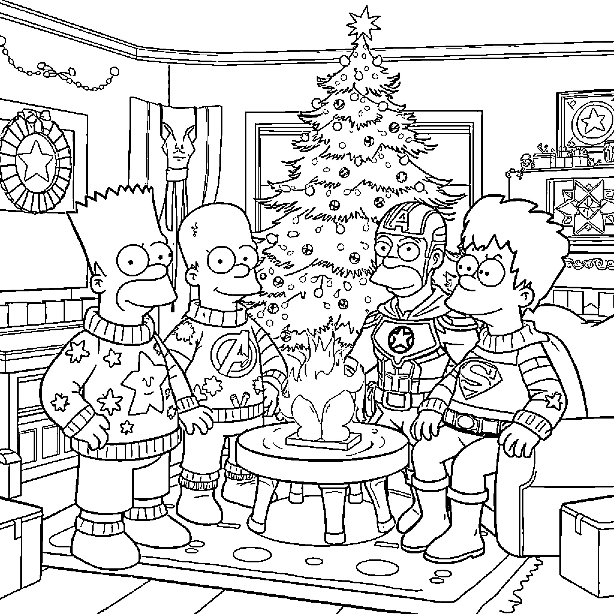 Simpsons family celebrating Christmas around the tree Coloring Page (free black-and-white line drawing printable PDF for all, from beginners to advanced learners, including children, teens, adults, and seniors)