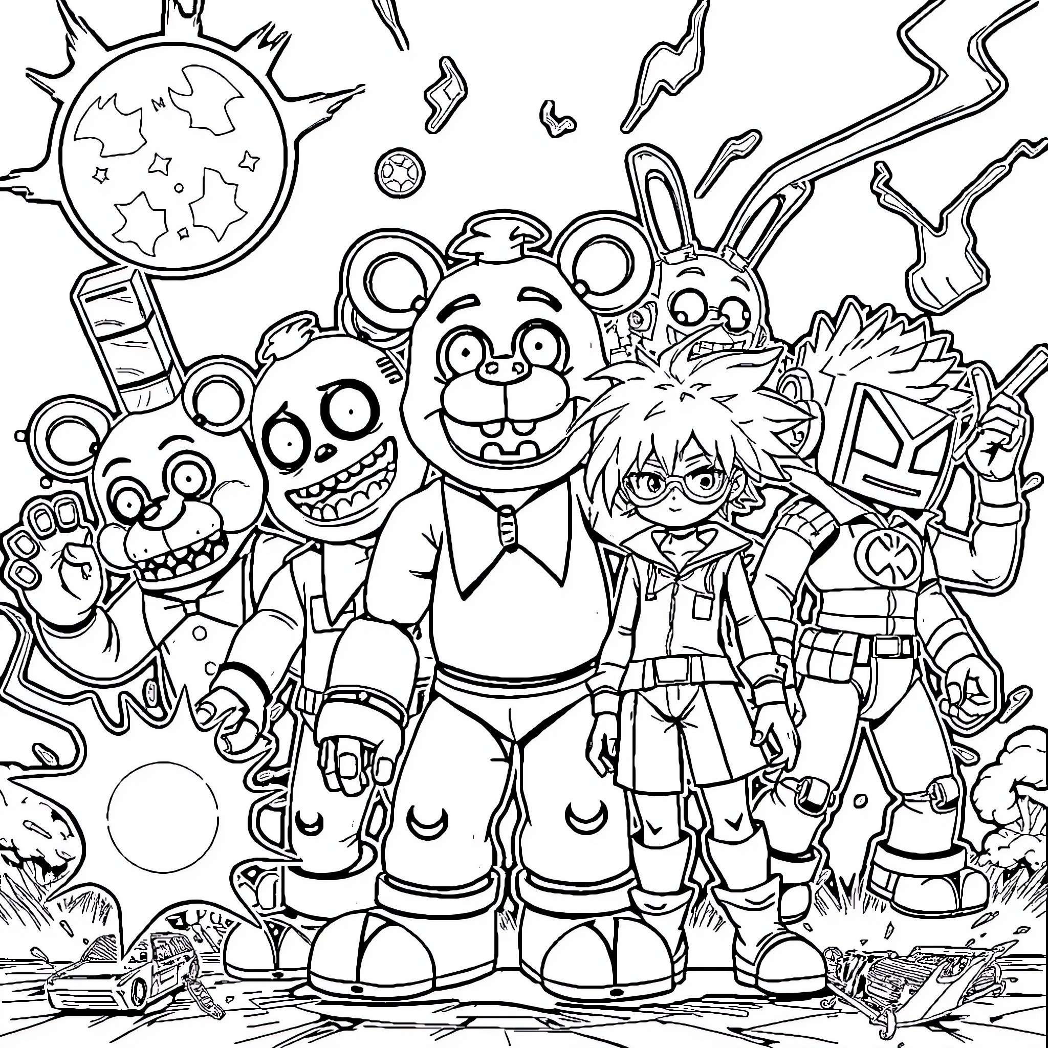 Freddy's Chaotic Adventure in the Fantastical World Coloring Page (free black-and-white line drawing printable PDF for all, from beginners to advanced learners, including children, teens, adults, and seniors)
