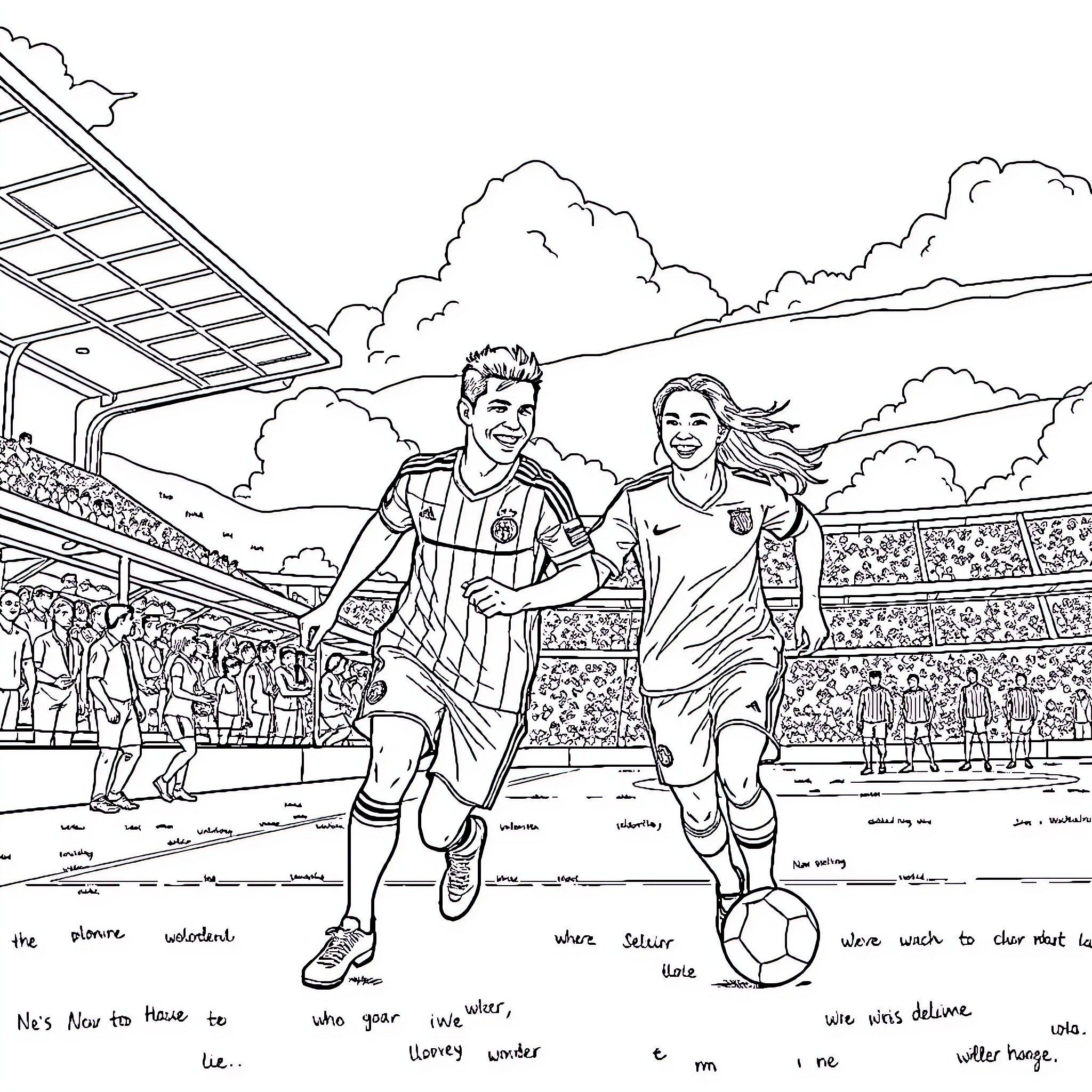 Football players in action on a sports field Coloring Page (free black-and-white line drawing printable PDF for all, from beginners to advanced learners, including children, teens, adults, and seniors)