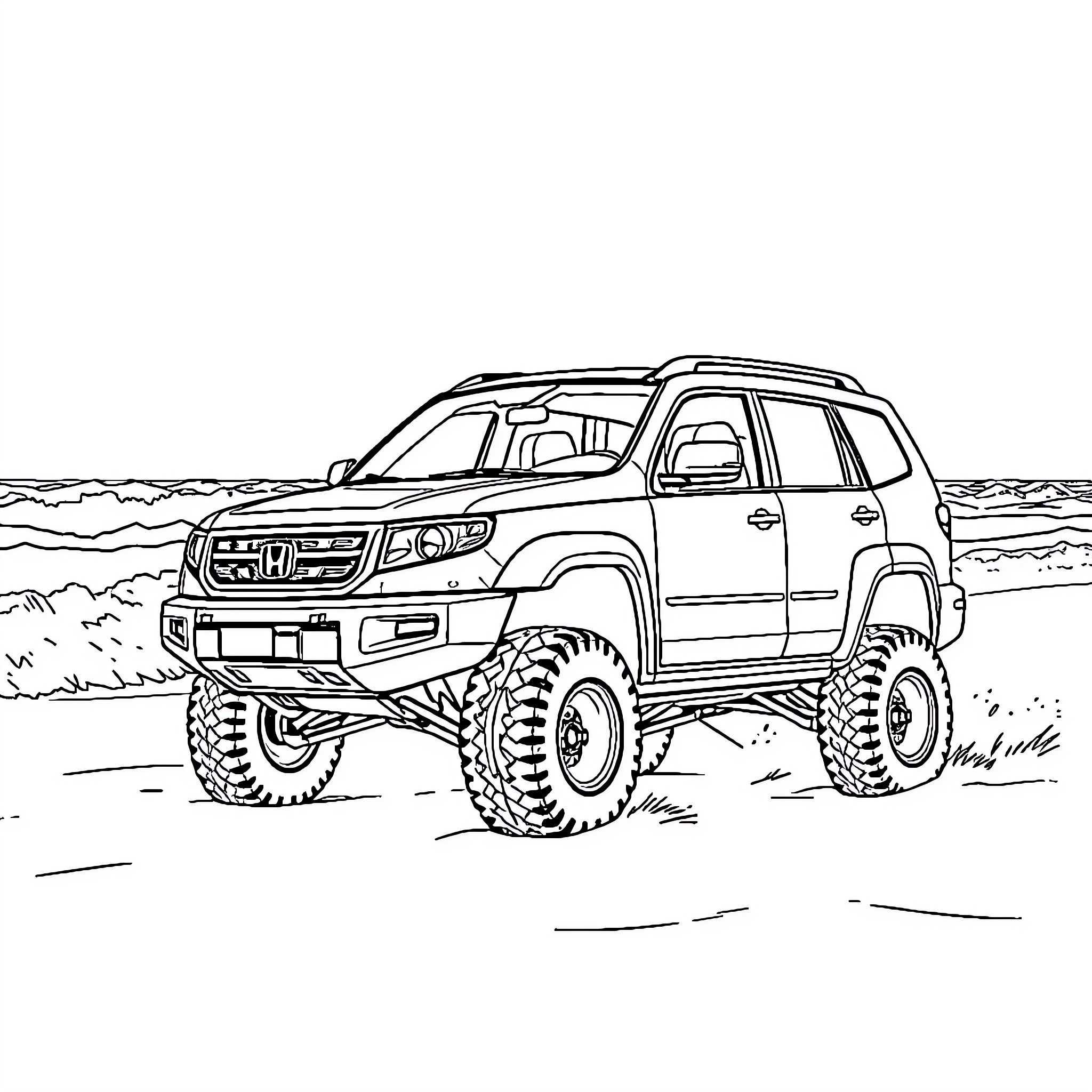 Honda Crossover SUV Driving on Rugged Terrain Coloring Page (free black-and-white line drawing printable PDF for all, from beginners to advanced learners, including children, teens, adults, and seniors)