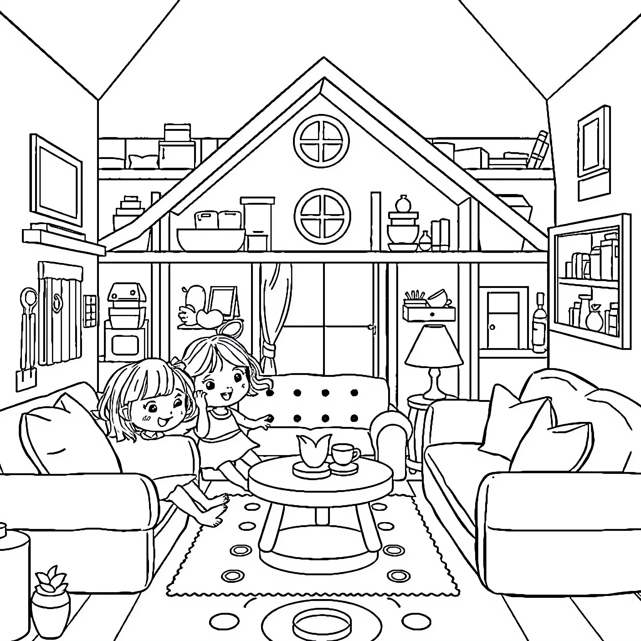 Gabby Dollhouse: Playful friends exploring cozy dollhouse Coloring Page (free black-and-white line drawing printable PDF for all, from beginners to advanced learners, including children, teens, adults, and seniors)