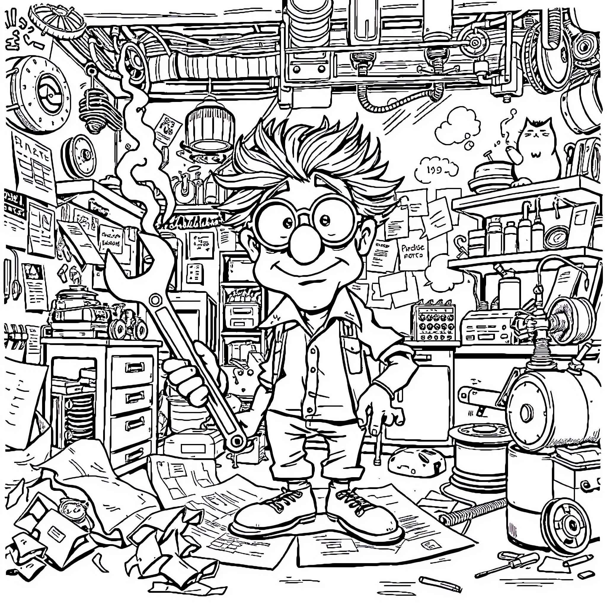 Inventor's Whimsical Workshop Wonderland Coloring Page (free black-and-white line drawing printable PDF for all, from beginners to advanced learners, including children, teens, adults, and seniors)