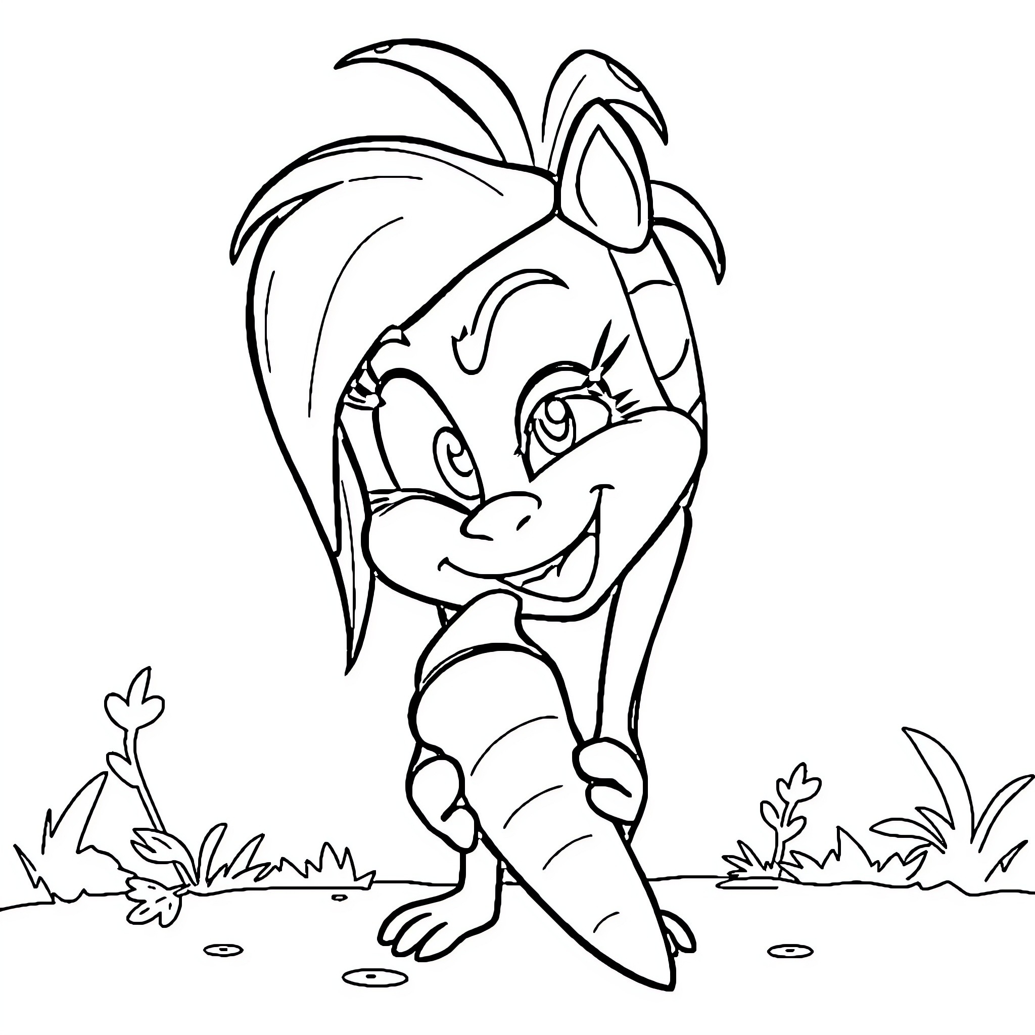Carmen the playful cartoon character in nature Coloring Page (free black-and-white line drawing printable PDF for all, from beginners to advanced learners, including children, teens, adults, and seniors)