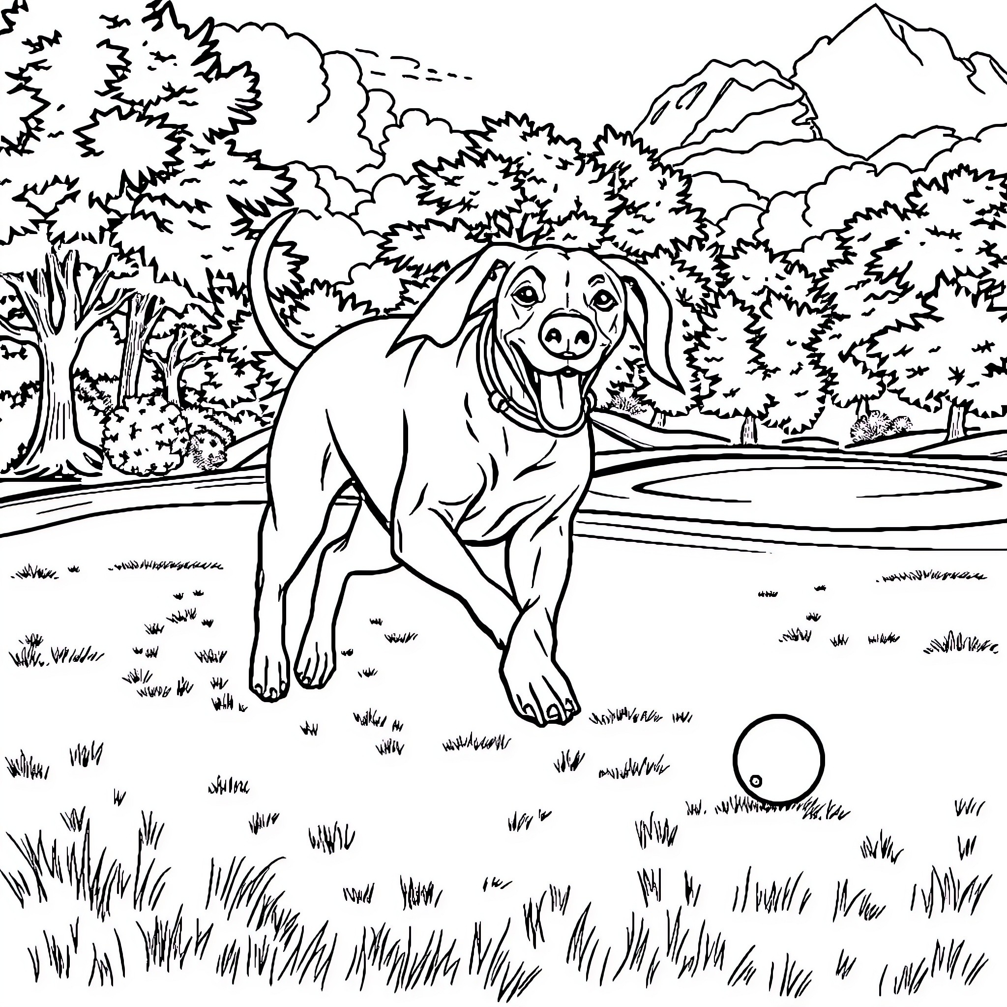Weimaraner playing with ball in forest landscape Coloring Page (free black-and-white line drawing printable PDF for all, from beginners to advanced learners, including children, teens, adults, and seniors)