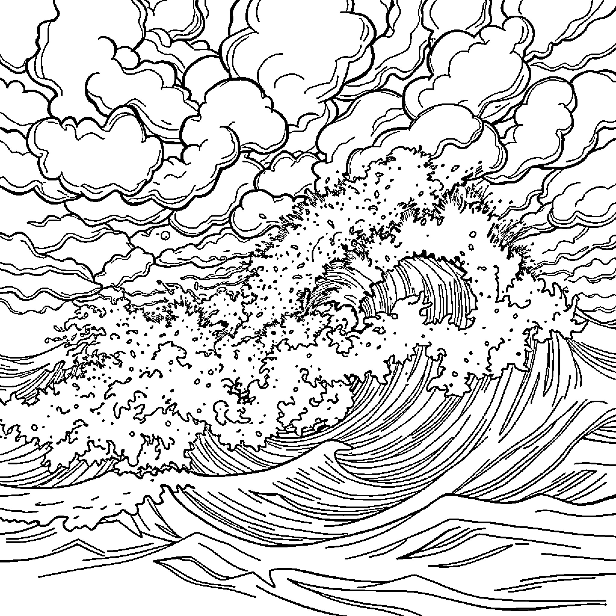 Ocean waves crashing through stormy skies Coloring Page (free black-and-white line drawing printable PDF for all, from beginners to advanced learners, including children, teens, adults, and seniors)