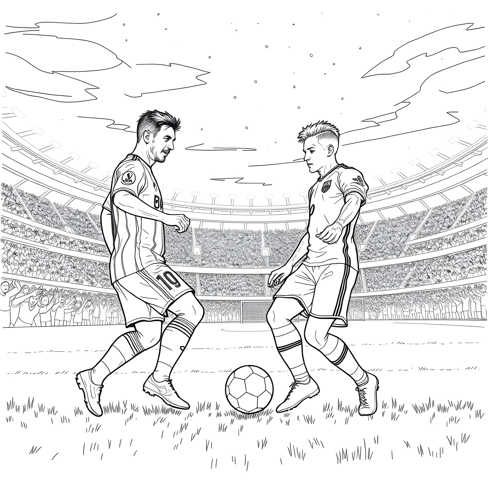 Messi battles with opponent on soccer field Coloring Page (free black-and-white line drawing printable PDF for all, from beginners to advanced learners, including children, teens, adults, and seniors)
