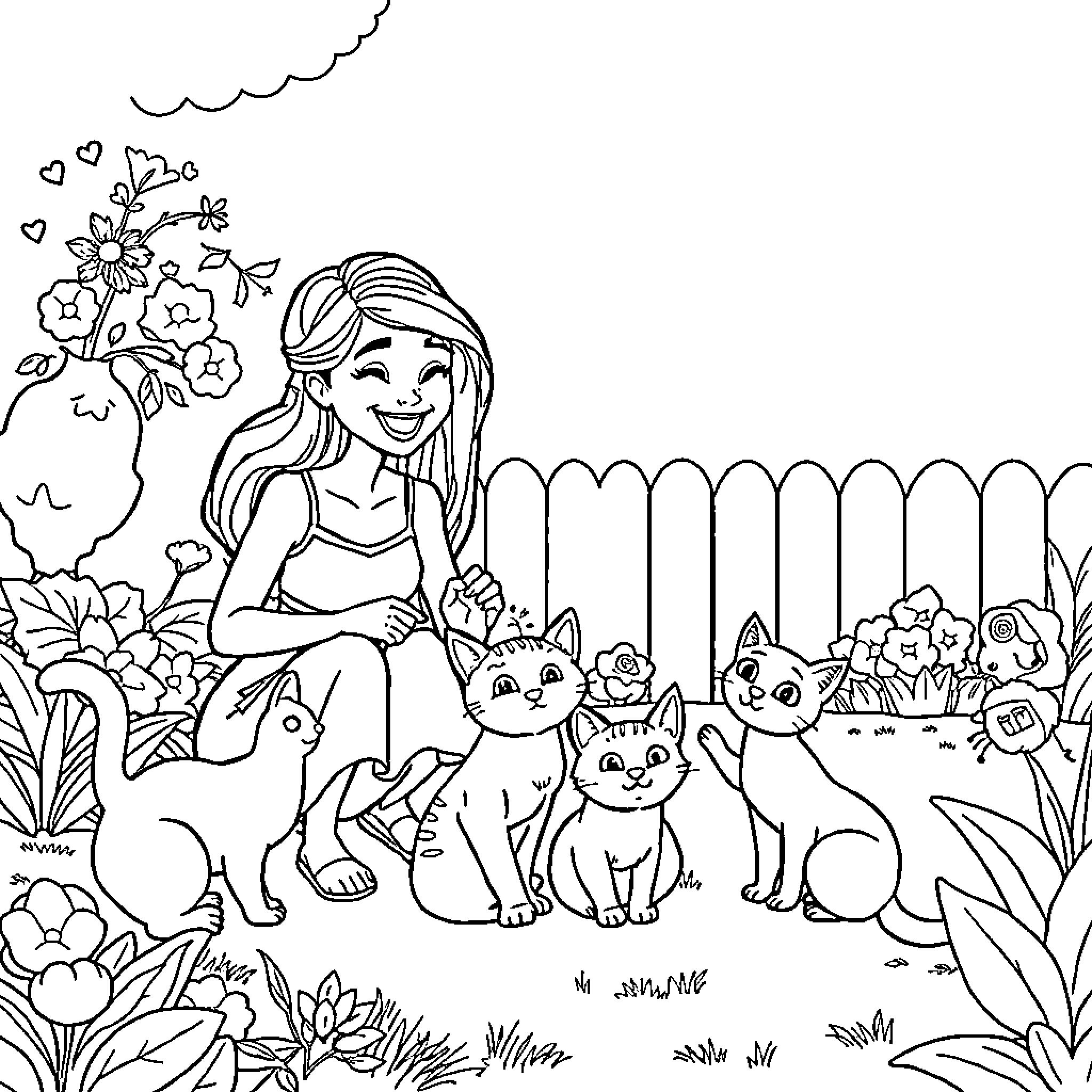 Cat and Friends Enjoying the Garden Coloring Page (free black-and-white line drawing printable PDF for all, from beginners to advanced learners, including children, teens, adults, and seniors)