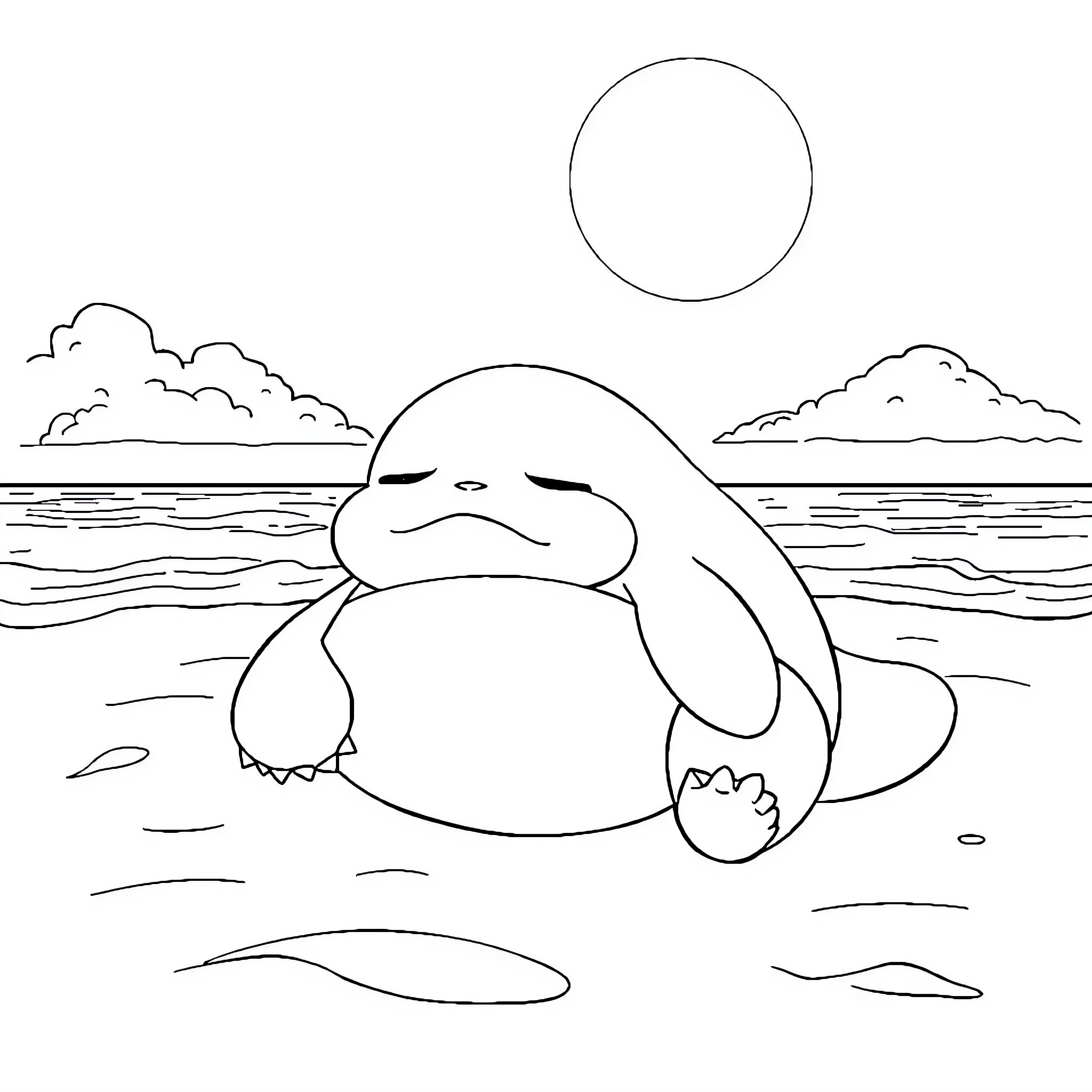 Snorlax resting peacefully on the beach Coloring Page (free black-and-white line drawing printable PDF for all, from beginners to advanced learners, including children, teens, adults, and seniors)