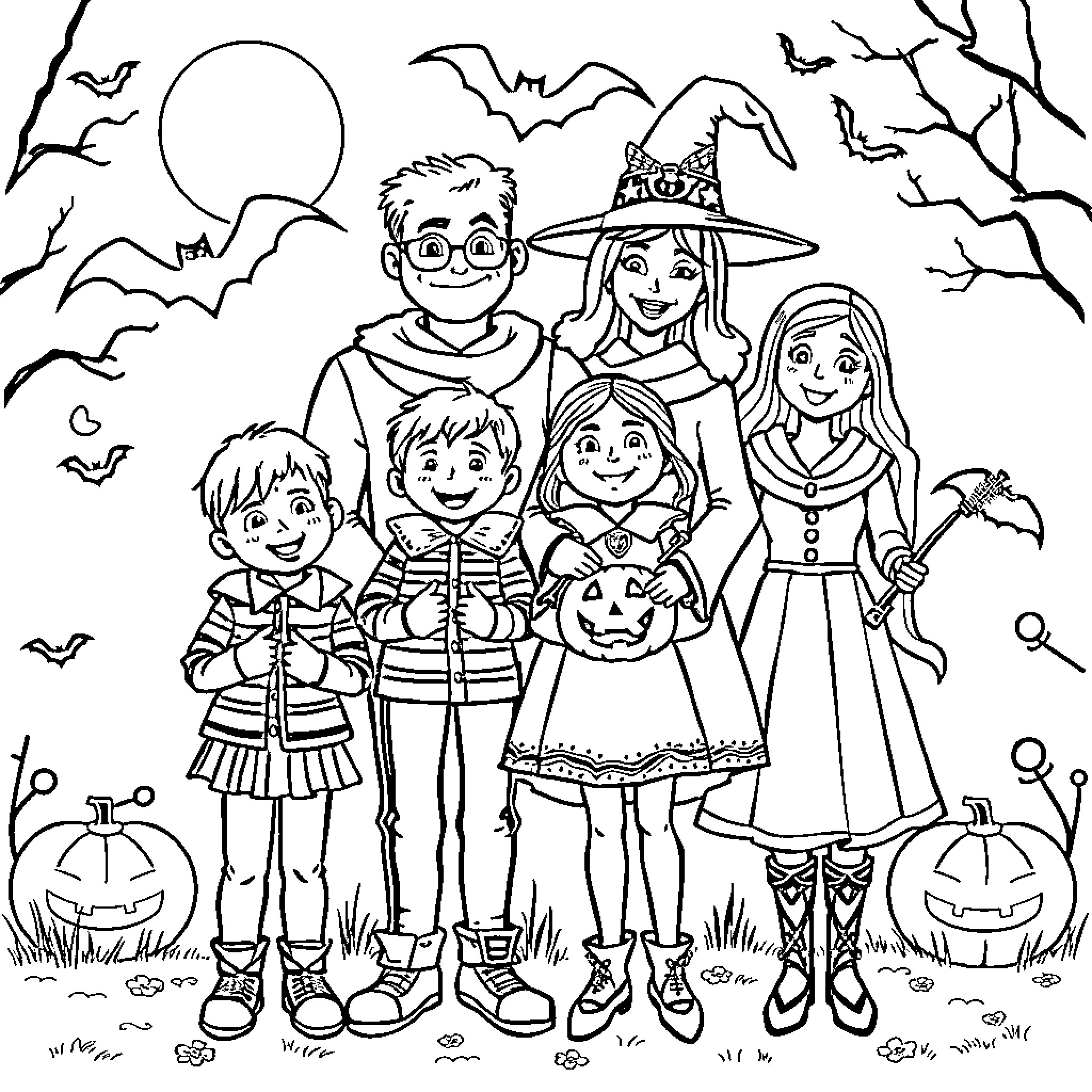 Family Enjoying Halloween Festivities Coloring Page (free black-and-white line drawing printable PDF for all, from beginners to advanced learners, including children, teens, adults, and seniors)