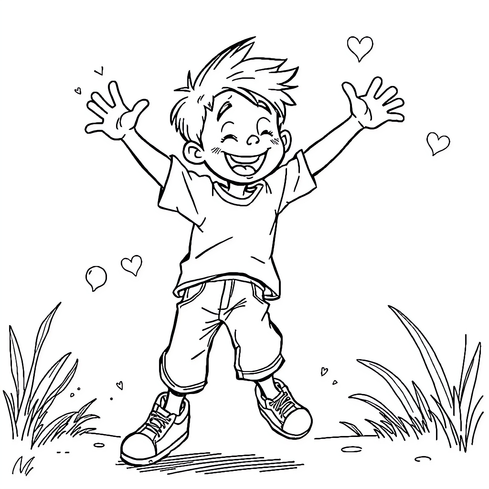 Kid Joyfully Celebrating in the Outdoors Coloring Page (free black-and-white line drawing printable PDF for all, from beginners to advanced learners, including children, teens, adults, and seniors)