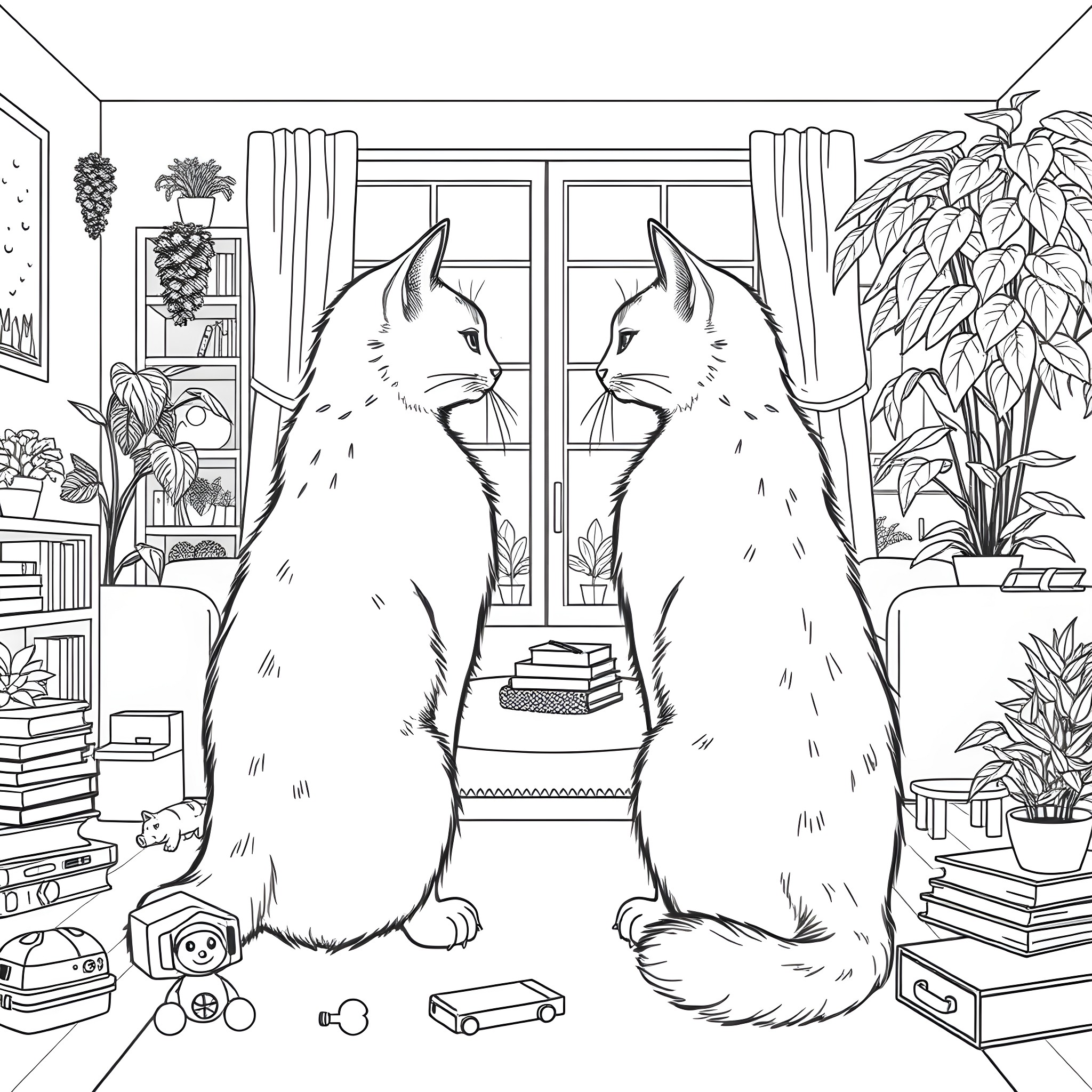 Cats contemplating in a cozy home Coloring Page (free black-and-white line drawing printable PDF for all, from beginners to advanced learners, including children, teens, adults, and seniors)
