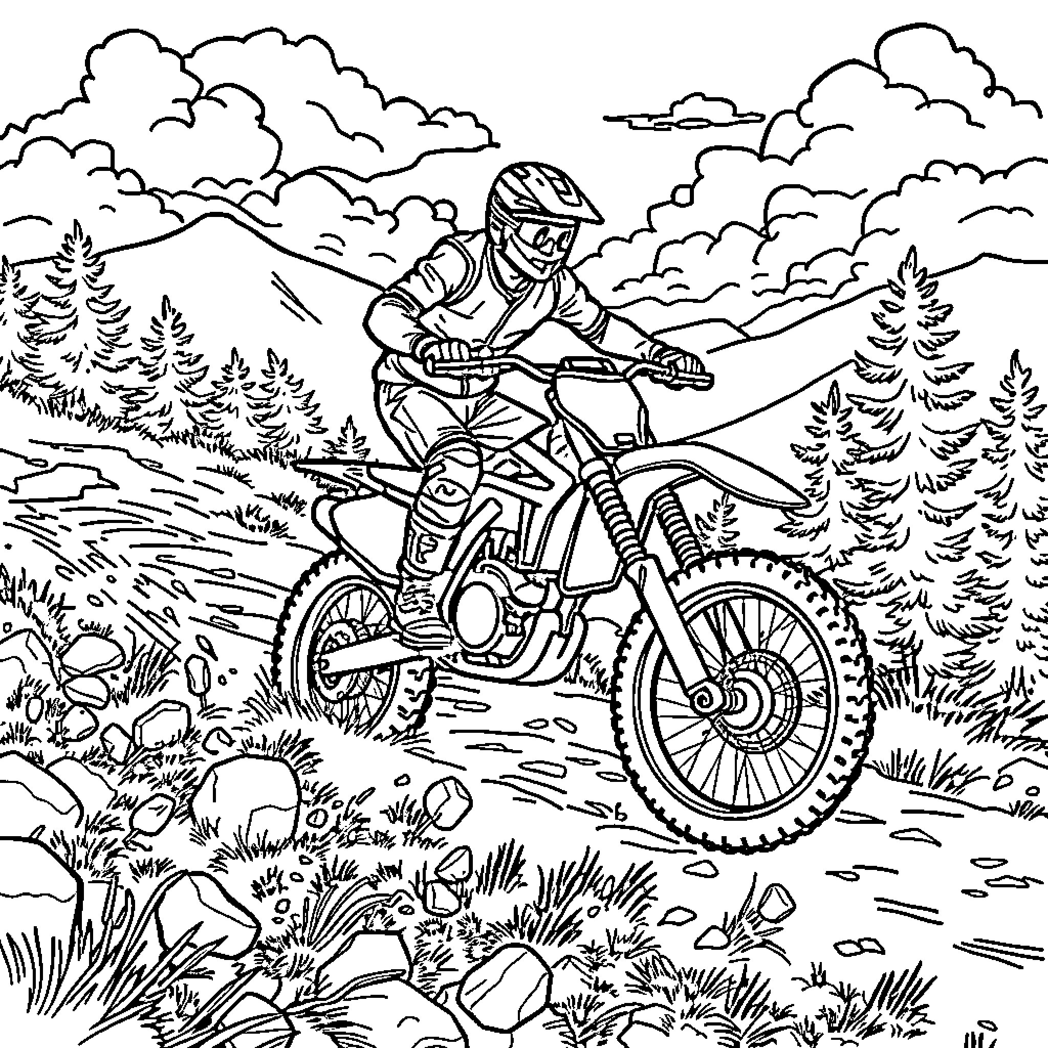 Man riding motorcycle on off-road trail through nature Coloring Page (free black-and-white line drawing printable PDF for all, from beginners to advanced learners, including children, teens, adults, and seniors)