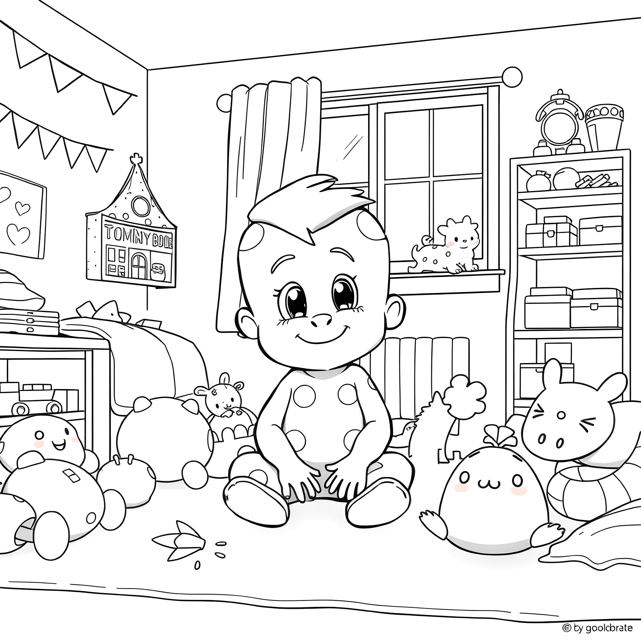 Tommy's Playful Imagination in a Cozy Room Coloring Page (free black-and-white line drawing printable PDF for all, from beginners to advanced learners, including children, teens, adults, and seniors)