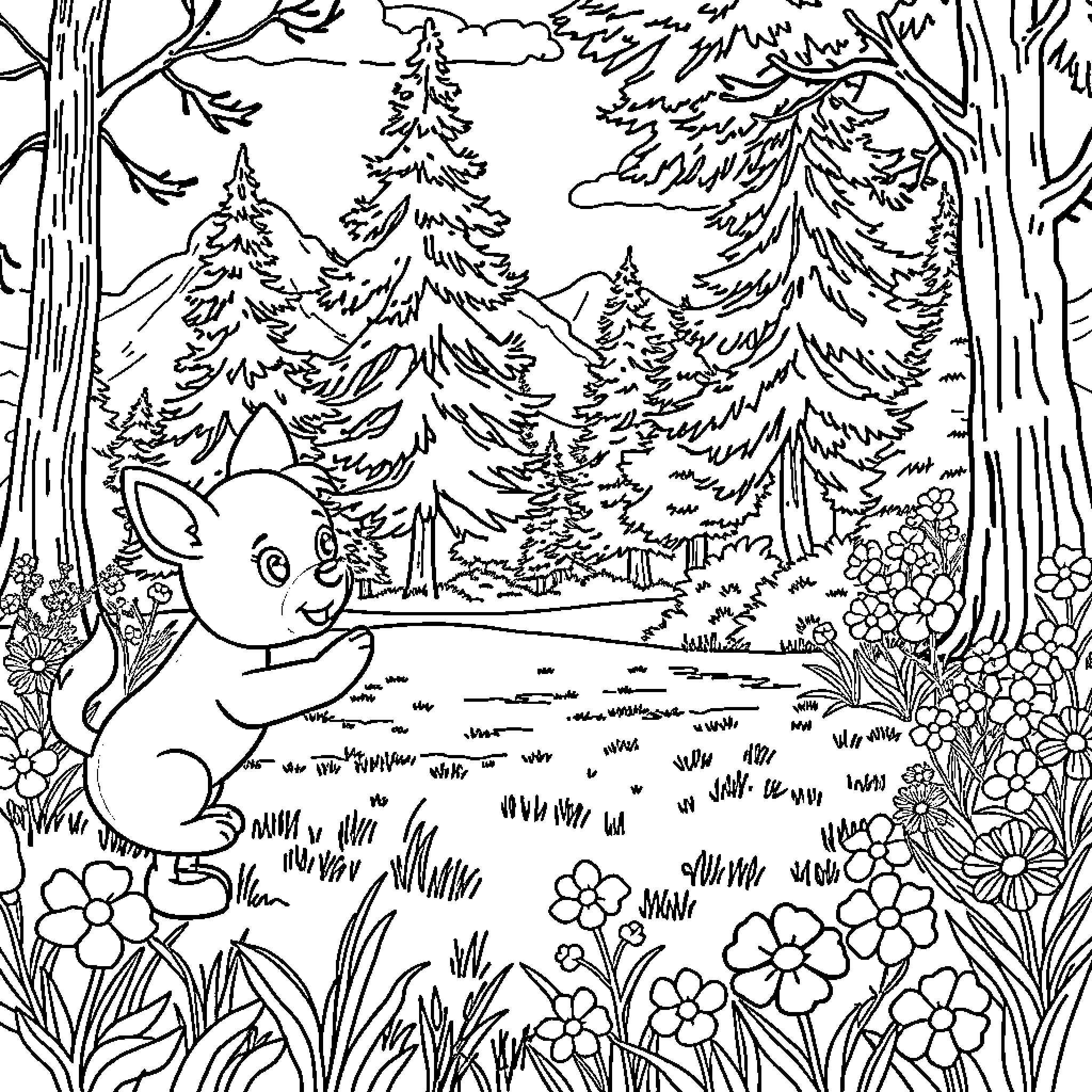 Bluey exploring the enchanted forest Coloring Page (free black-and-white line drawing printable PDF for all, from beginners to advanced learners, including children, teens, adults, and seniors)