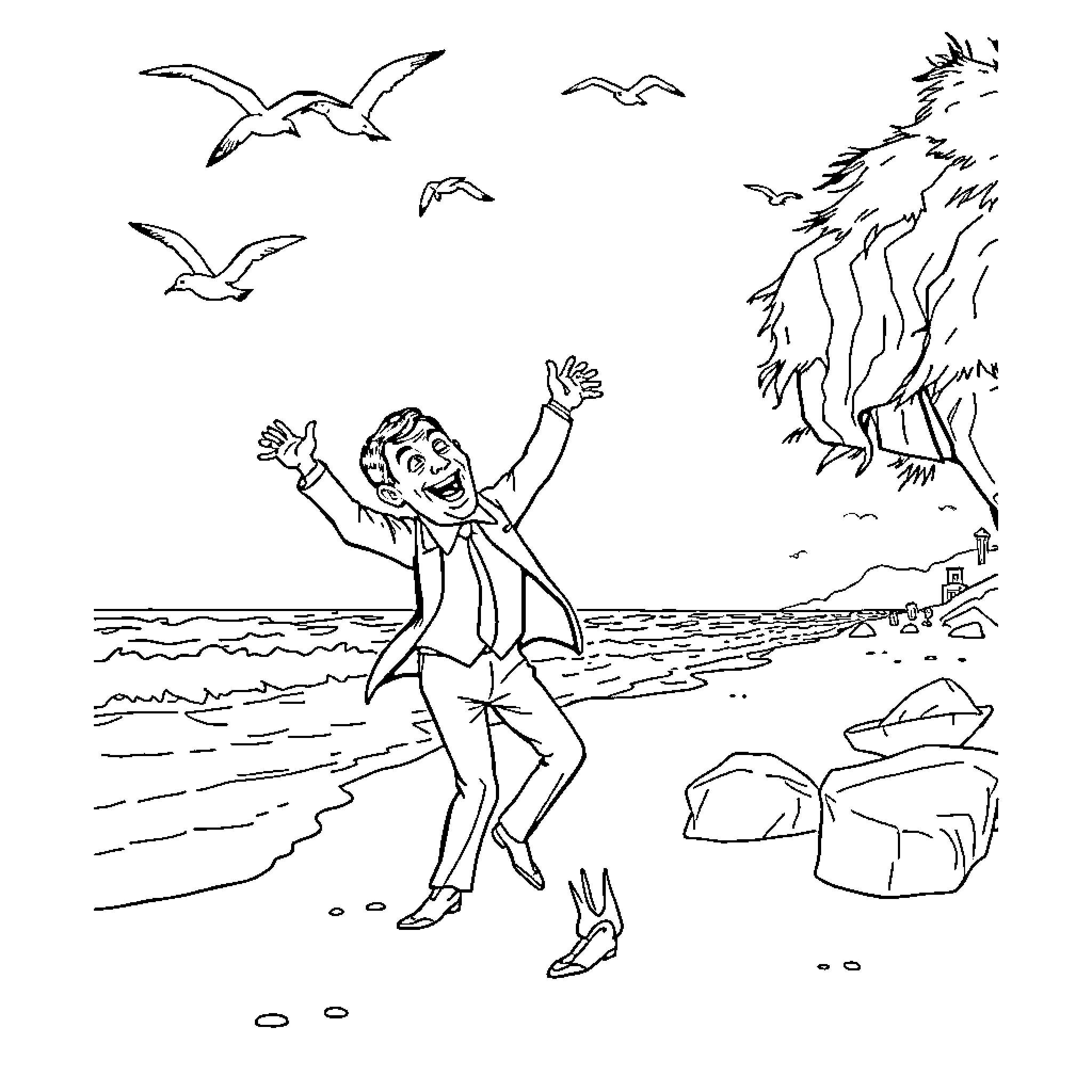Mr Bean's Amusing Antics on the Beach Coloring Page (free black-and-white line drawing printable PDF for all, from beginners to advanced learners, including children, teens, adults, and seniors)