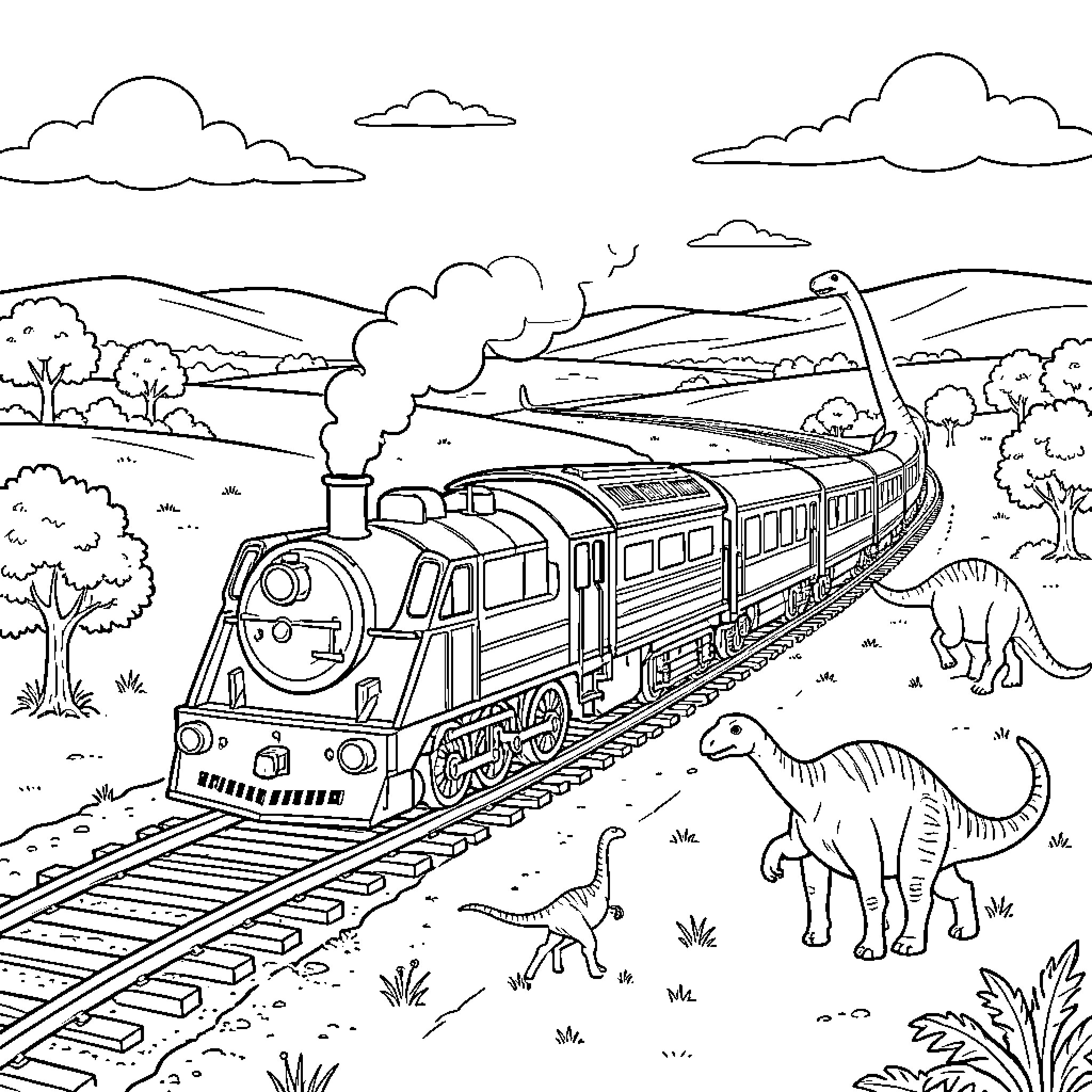 Train traveling through a landscape with dinosaurs Coloring Page (free black-and-white line drawing printable PDF for all, from beginners to advanced learners, including children, teens, adults, and seniors)