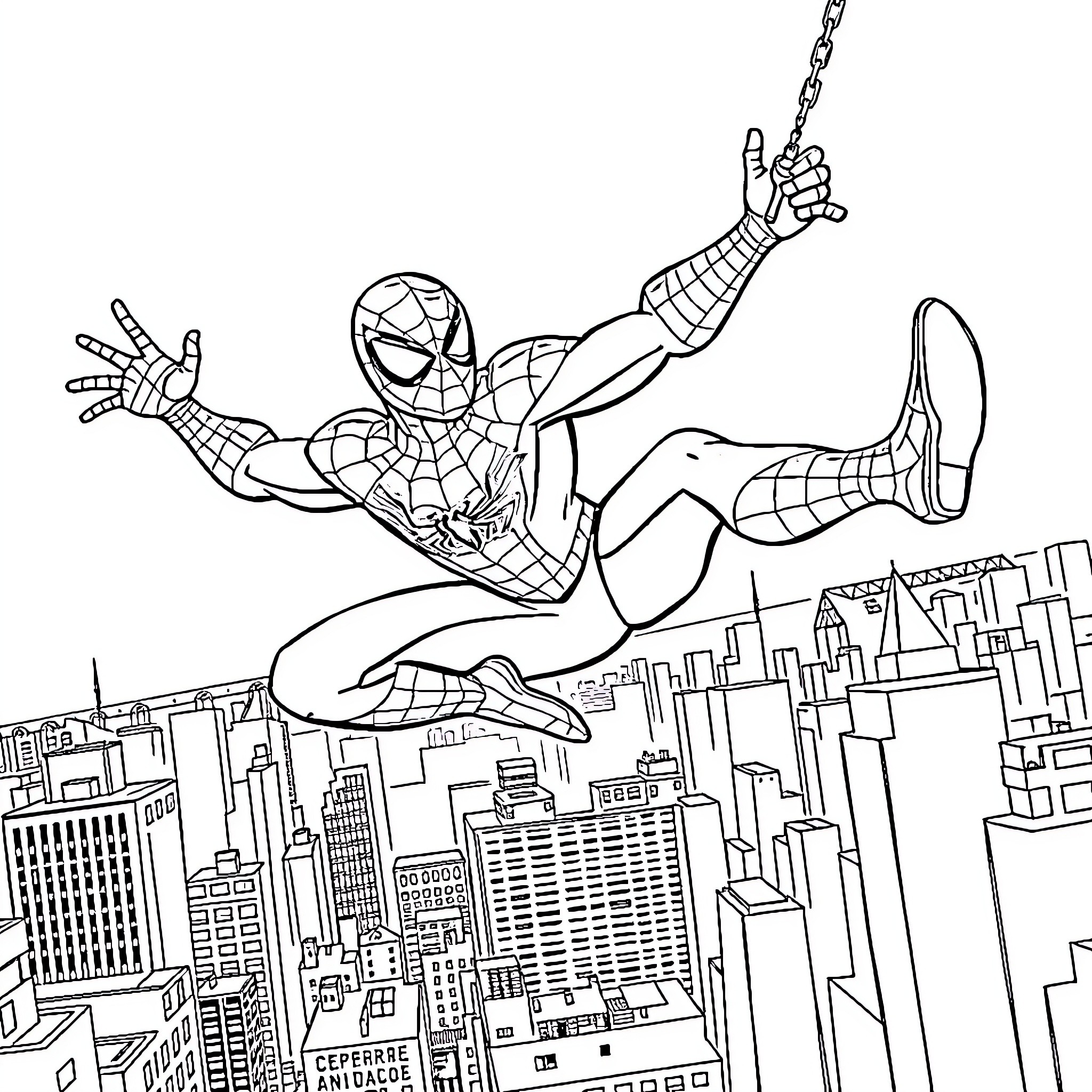 Spider-Man swinging through the city skyline Coloring Page (free black-and-white line drawing printable PDF for all, from beginners to advanced learners, including children, teens, adults, and seniors)
