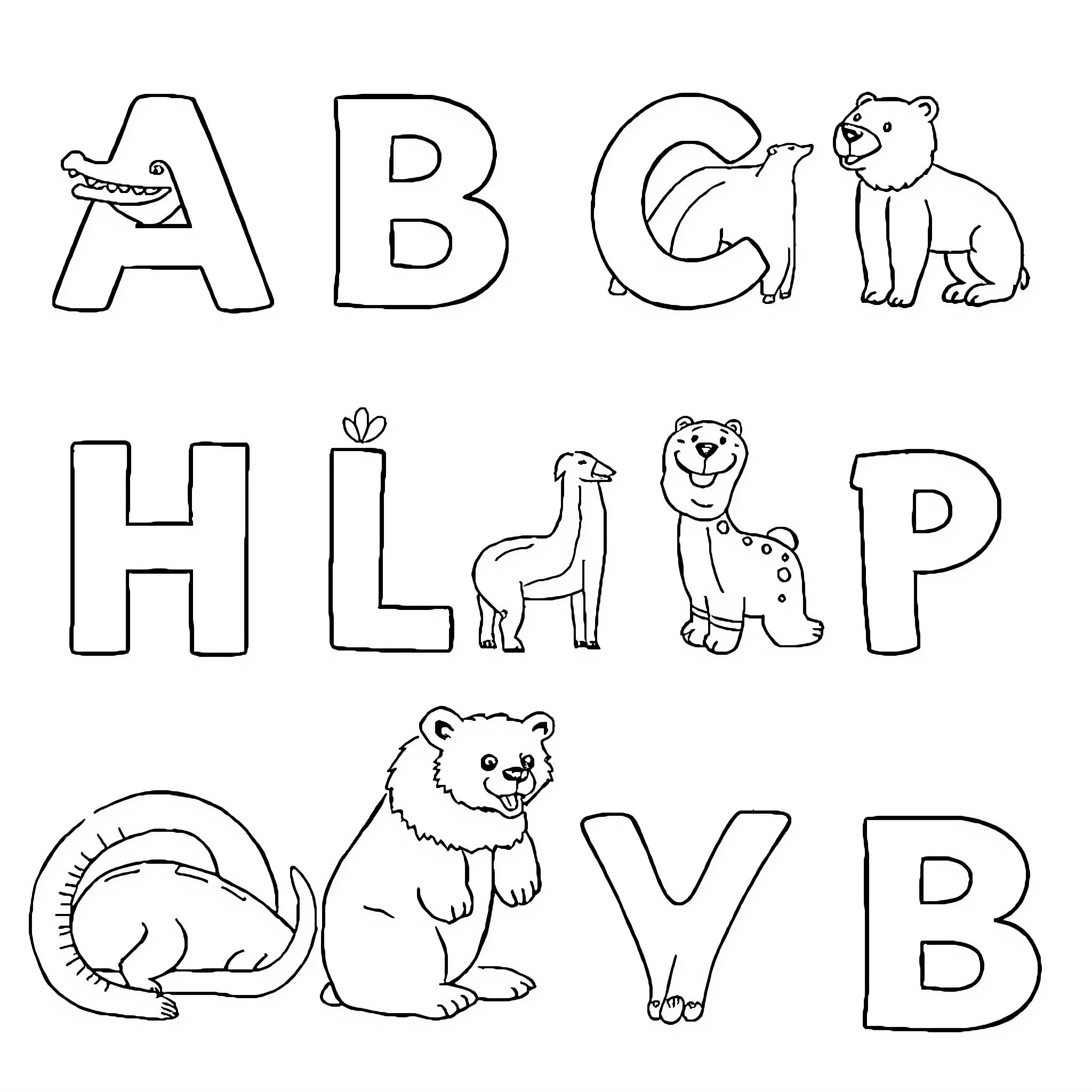Animal Alphabet with Playful Creatures Coloring Page (free black-and-white line drawing printable PDF for all, from beginners to advanced learners, including children, teens, adults, and seniors)