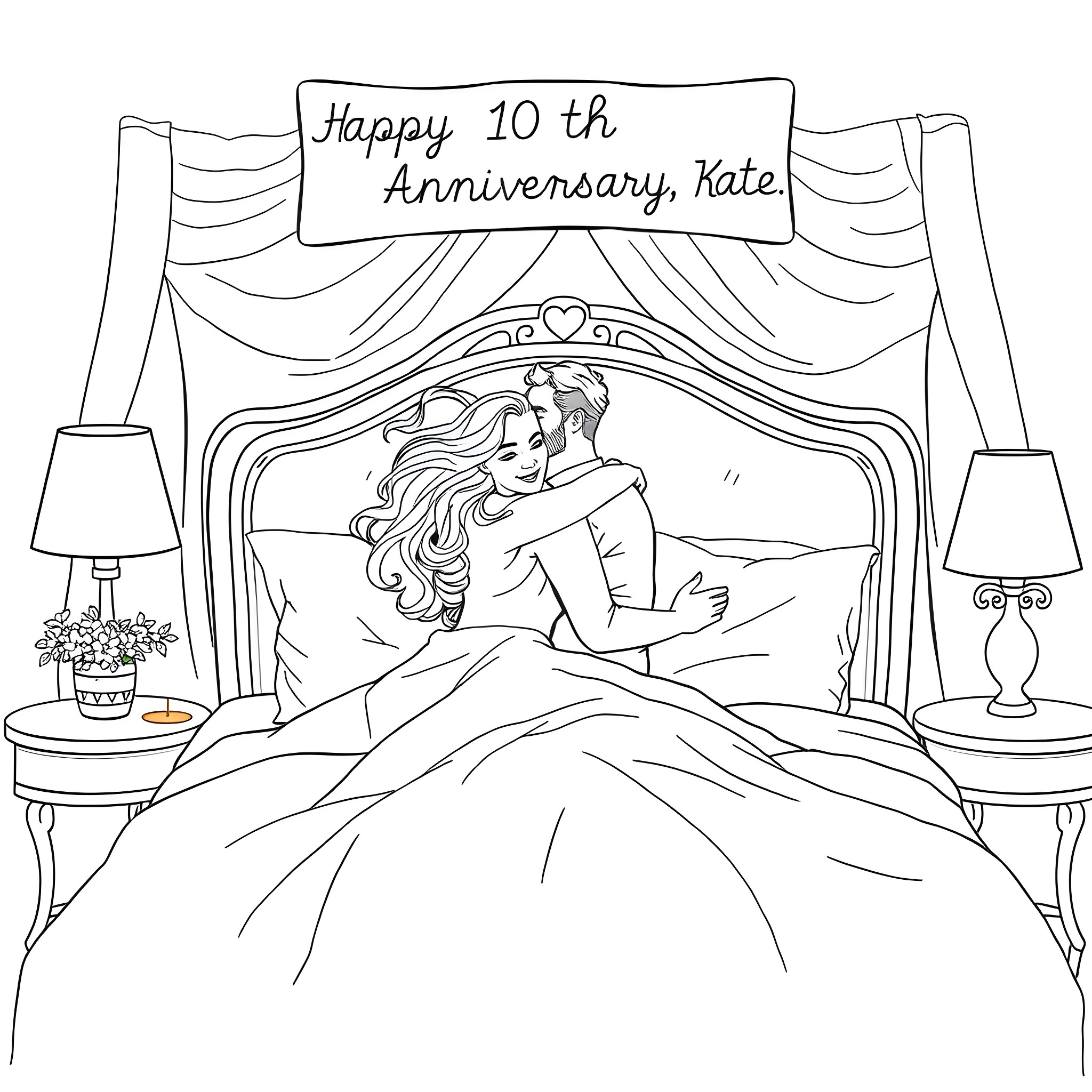 Woman celebrating 10th Anniversary with partner in bedroom Coloring Page (free black-and-white line drawing printable PDF for all, from beginners to advanced learners, including children, teens, adults, and seniors)