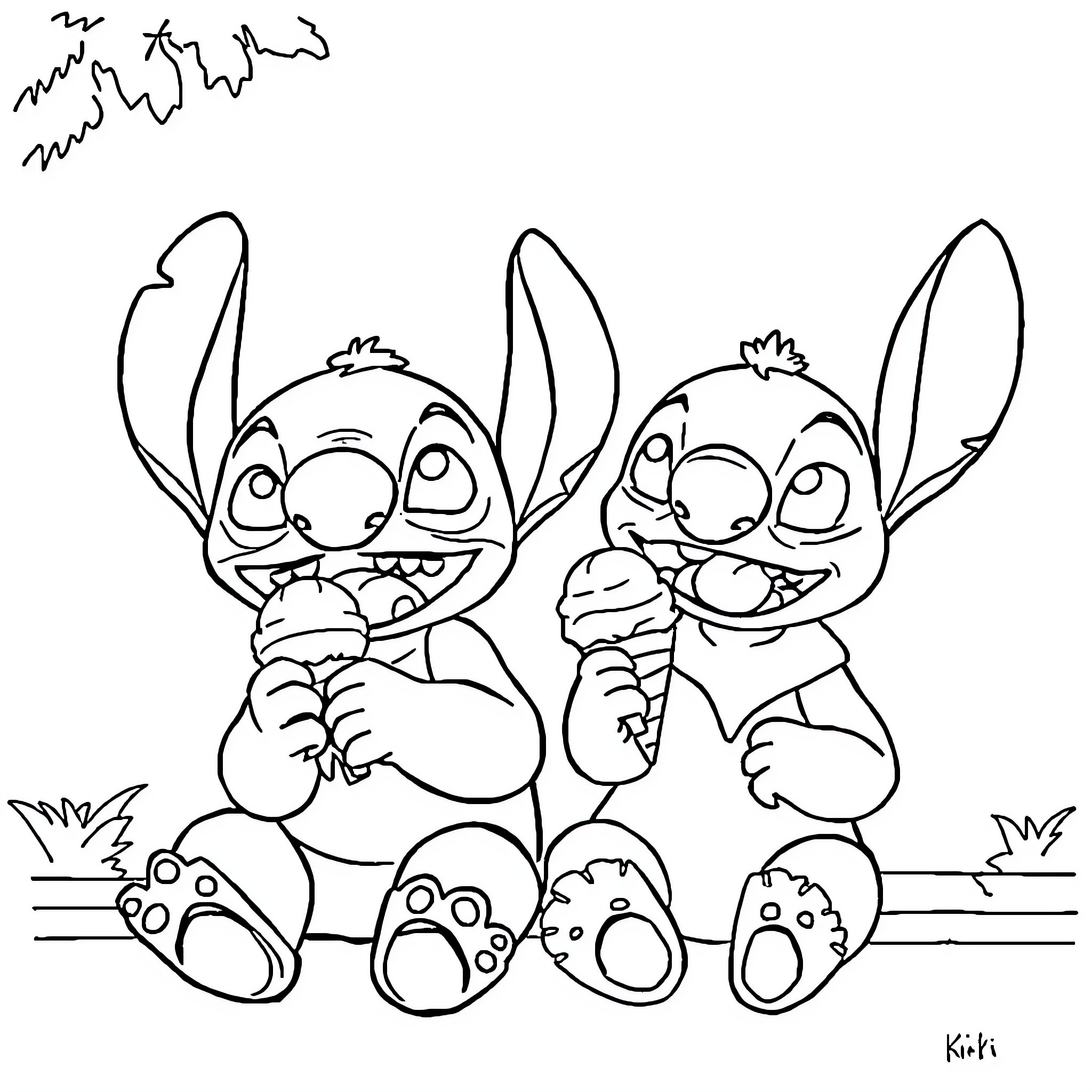 Stitch and Friend Enjoying Ice Cream Together Coloring Page (free black-and-white line drawing printable PDF for all, from beginners to advanced learners, including children, teens, adults, and seniors)