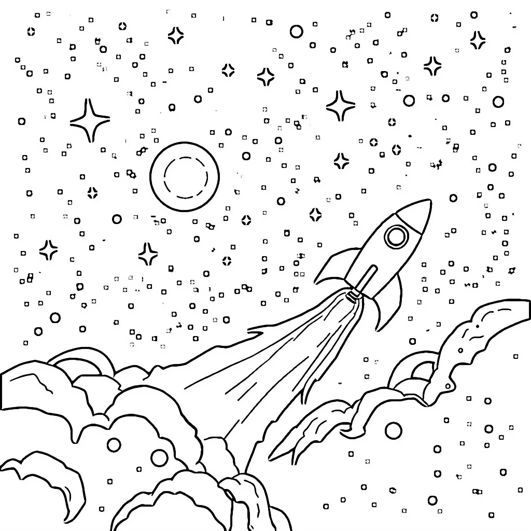 Rocket soaring through the cosmic landscape Coloring Page (free black-and-white line drawing printable PDF for all, from beginners to advanced learners, including children, teens, adults, and seniors)