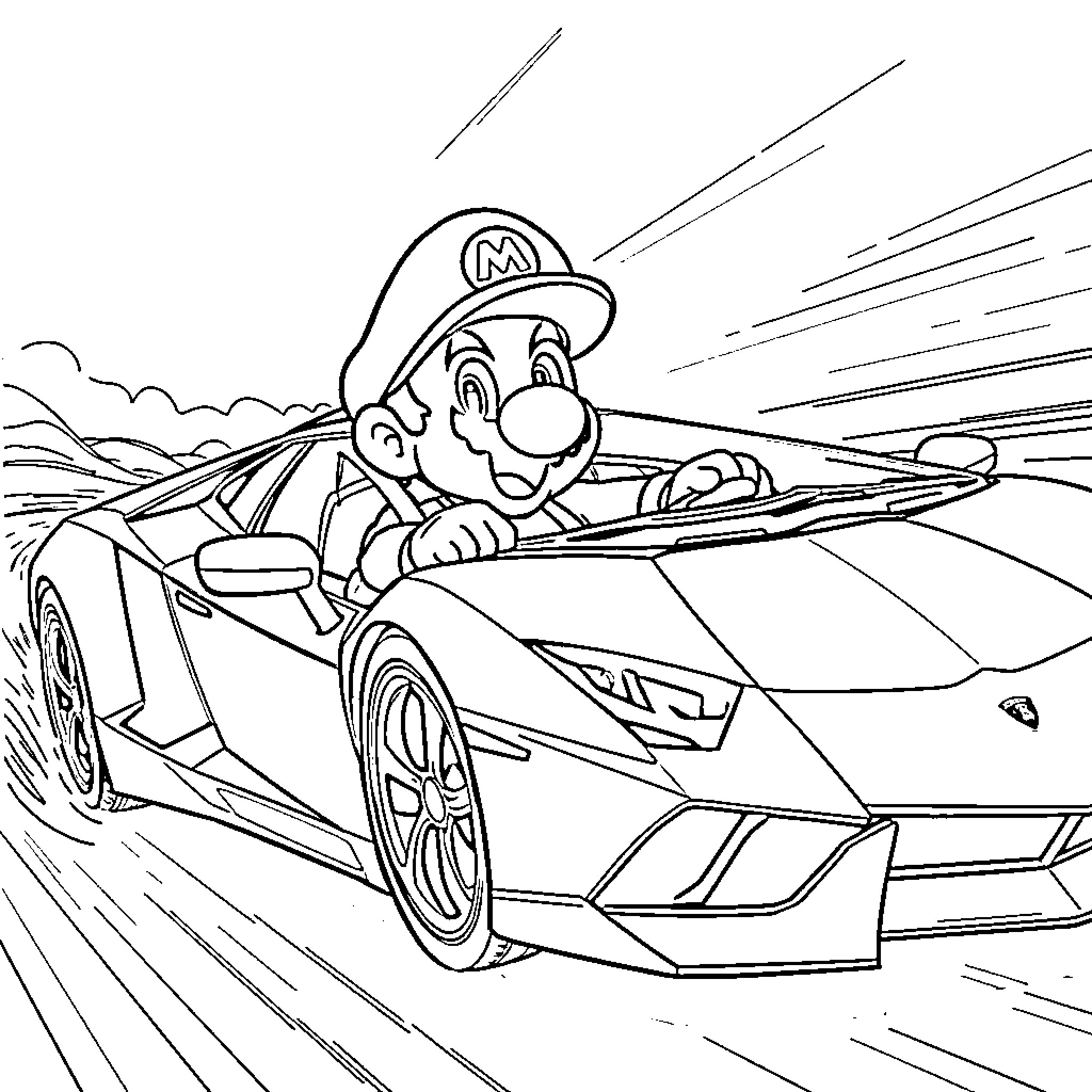 Super Mario Driving Fast in Sports Car Coloring Page (free black-and-white line drawing printable PDF for all, from beginners to advanced learners, including children, teens, adults, and seniors)