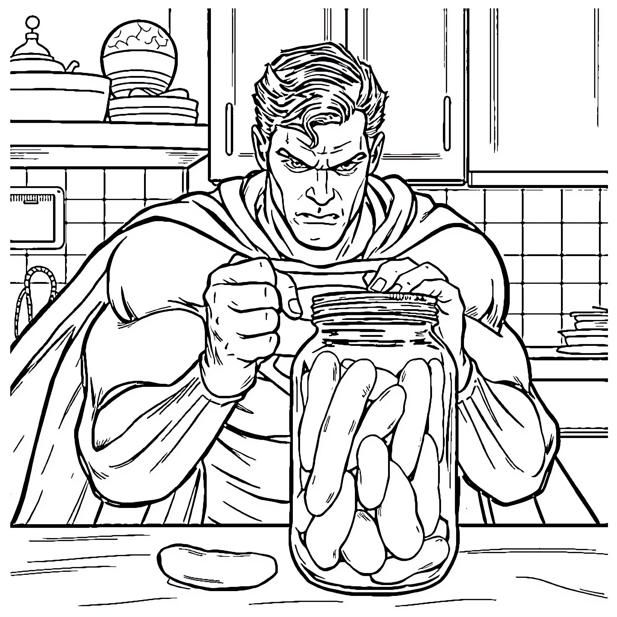 Superman Enjoying a Hearty Meal Coloring Page (free black-and-white line drawing printable PDF for all, from beginners to advanced learners, including children, teens, adults, and seniors)